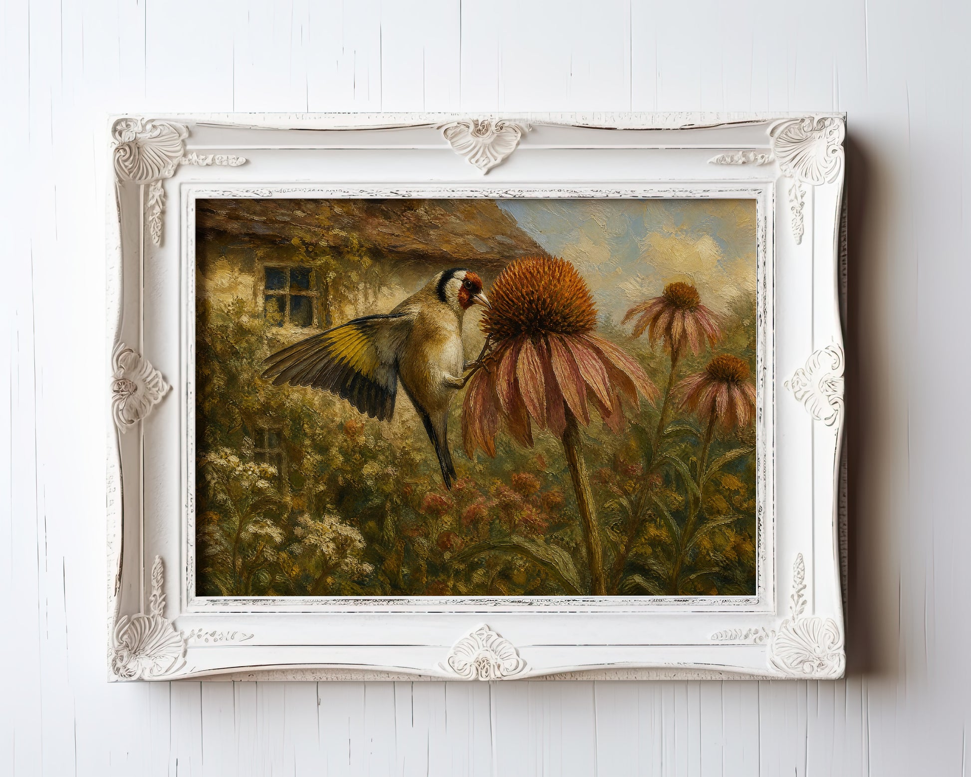 Oil painting print of a crane feeding among coneflowers beside a weathered stone cottage — view 3
