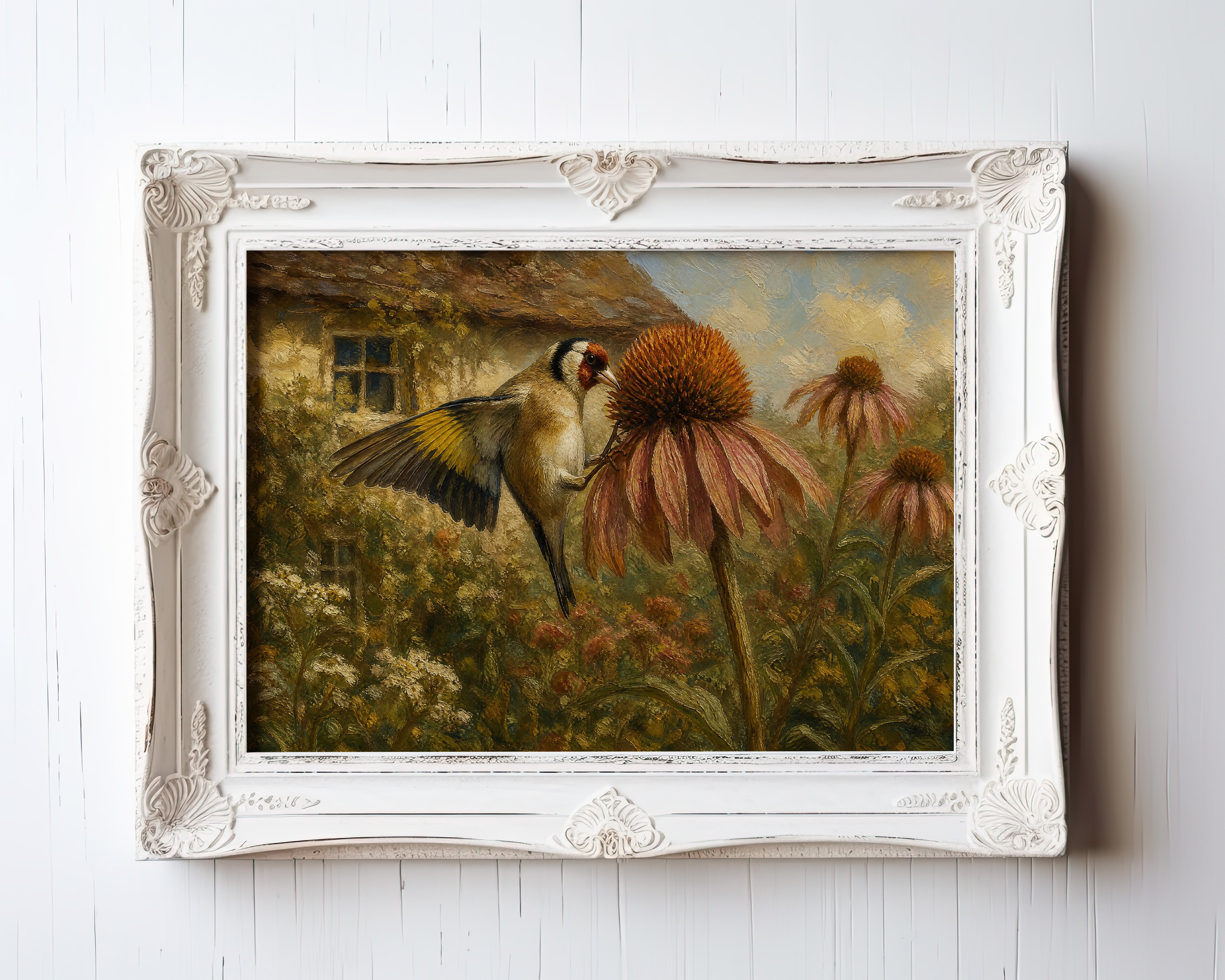 Oil painting print of a crane feeding among coneflowers beside a weathered stone cottage — view 3