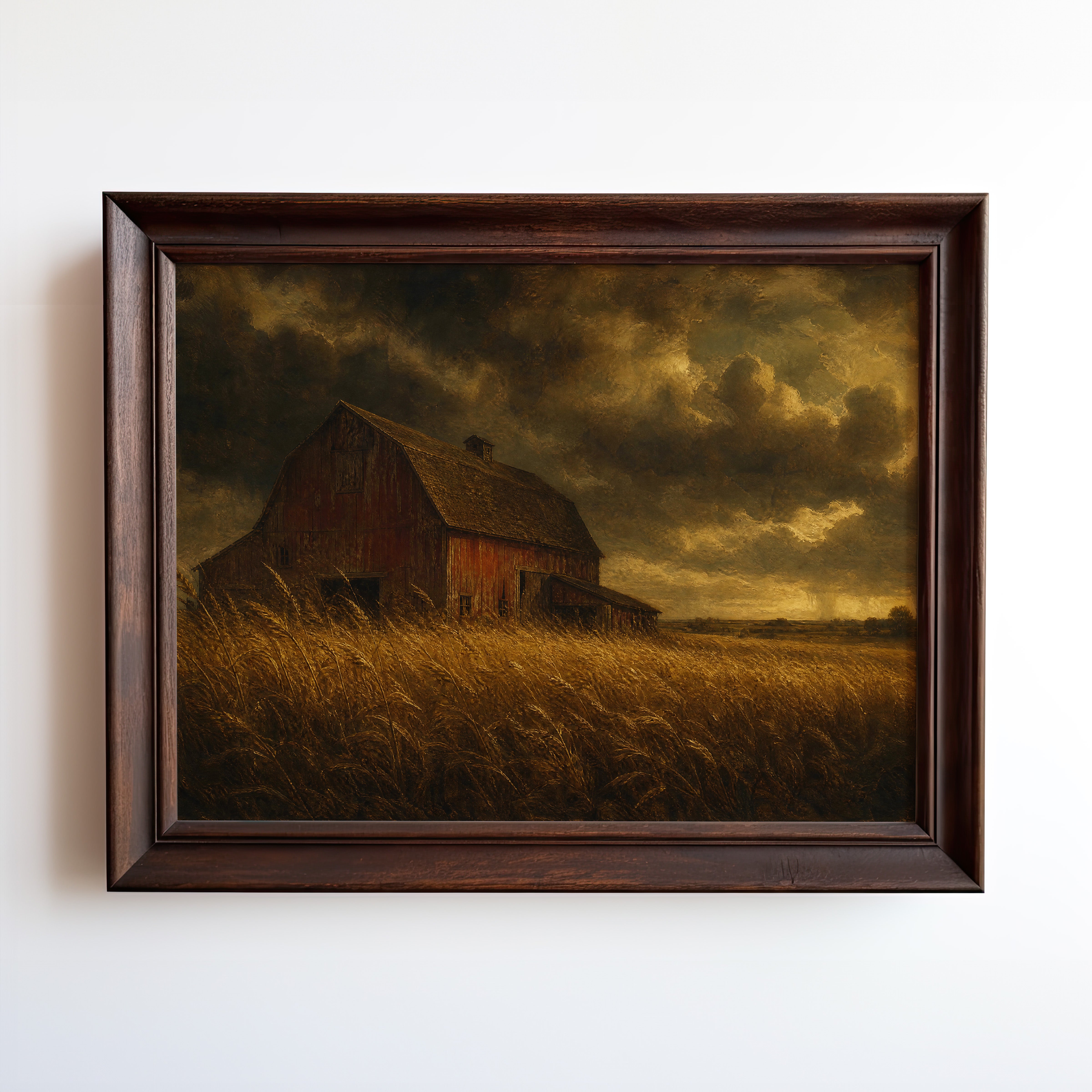 Oil painting of a weathered red barn glowing in a golden wheat field under a dramatic sky