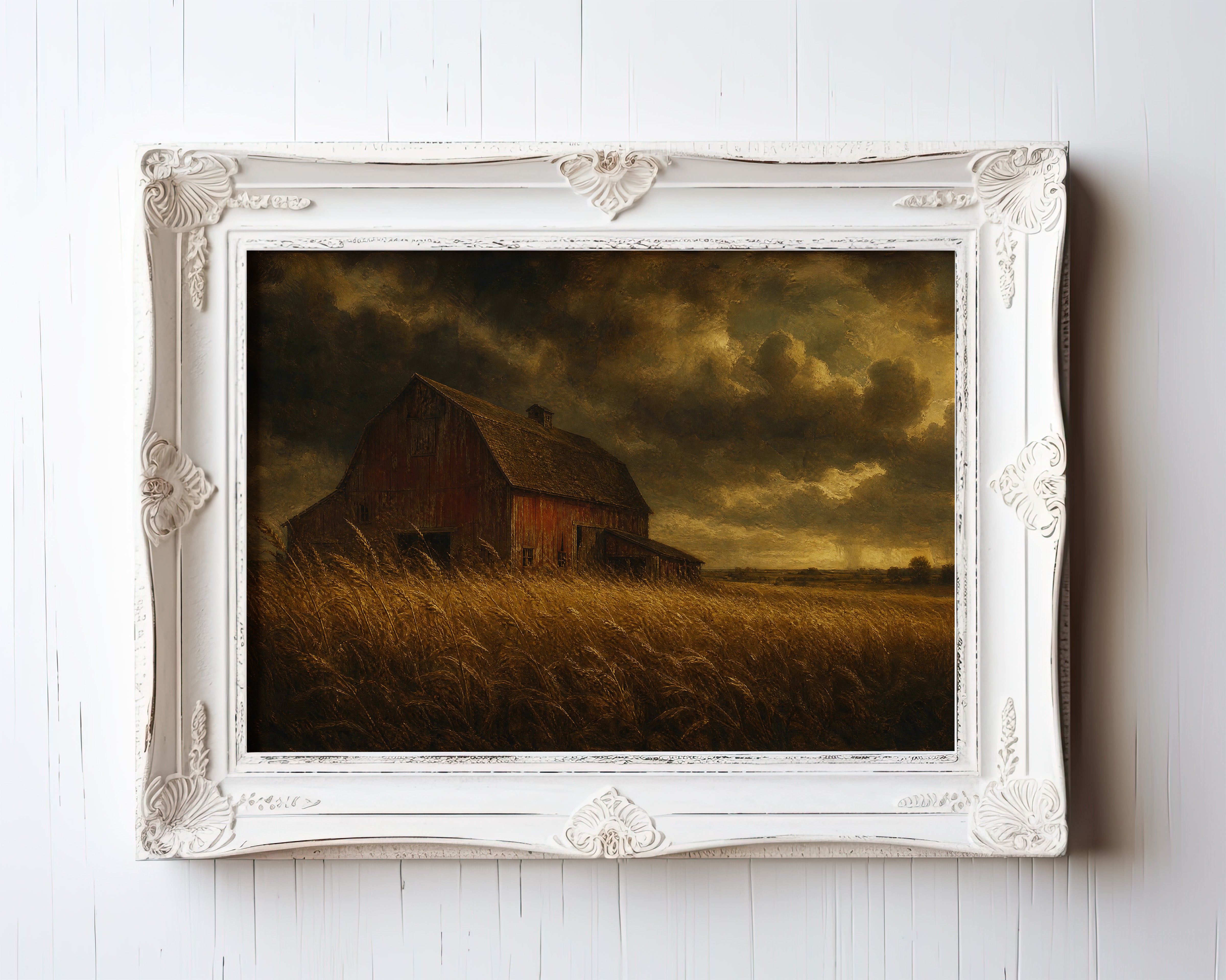 Oil painting of a weathered red barn glowing in a golden wheat field under a dramatic sky — view 3