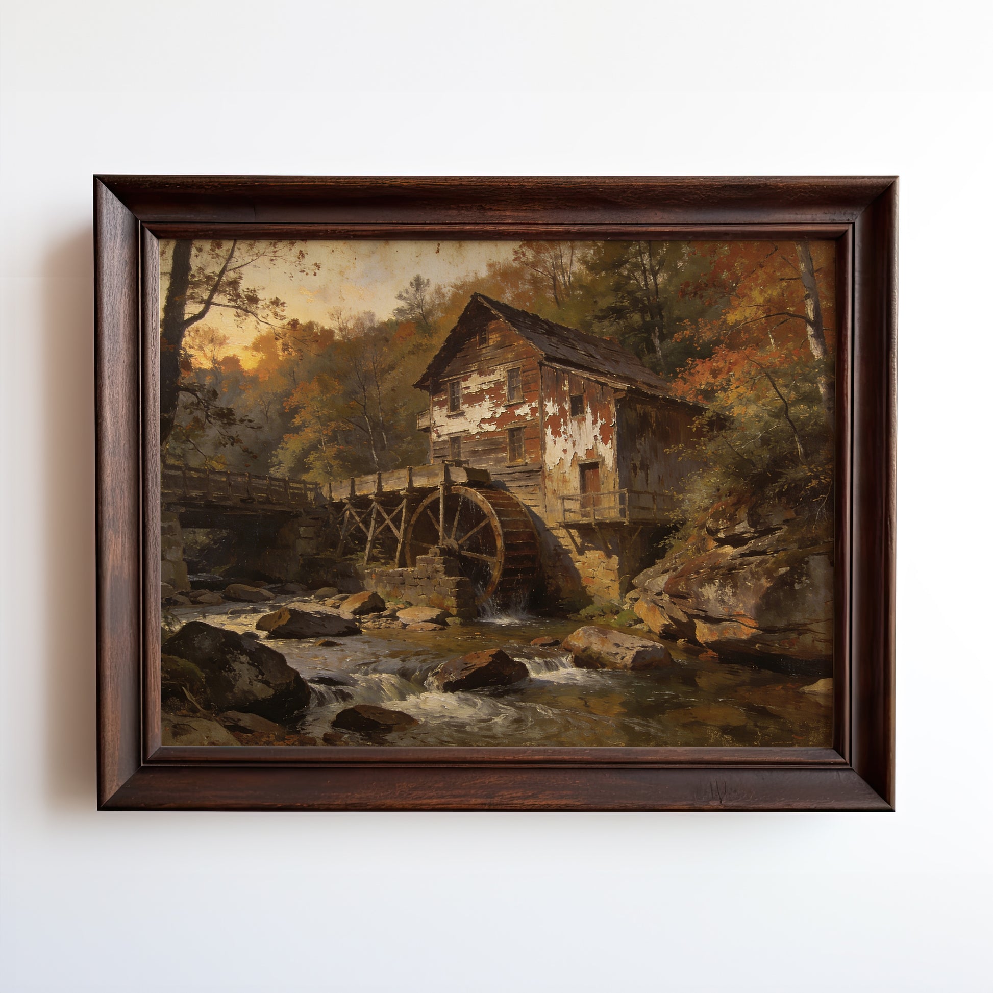 Oil painting of a historic grist mill and water wheel beside an autumn forest stream