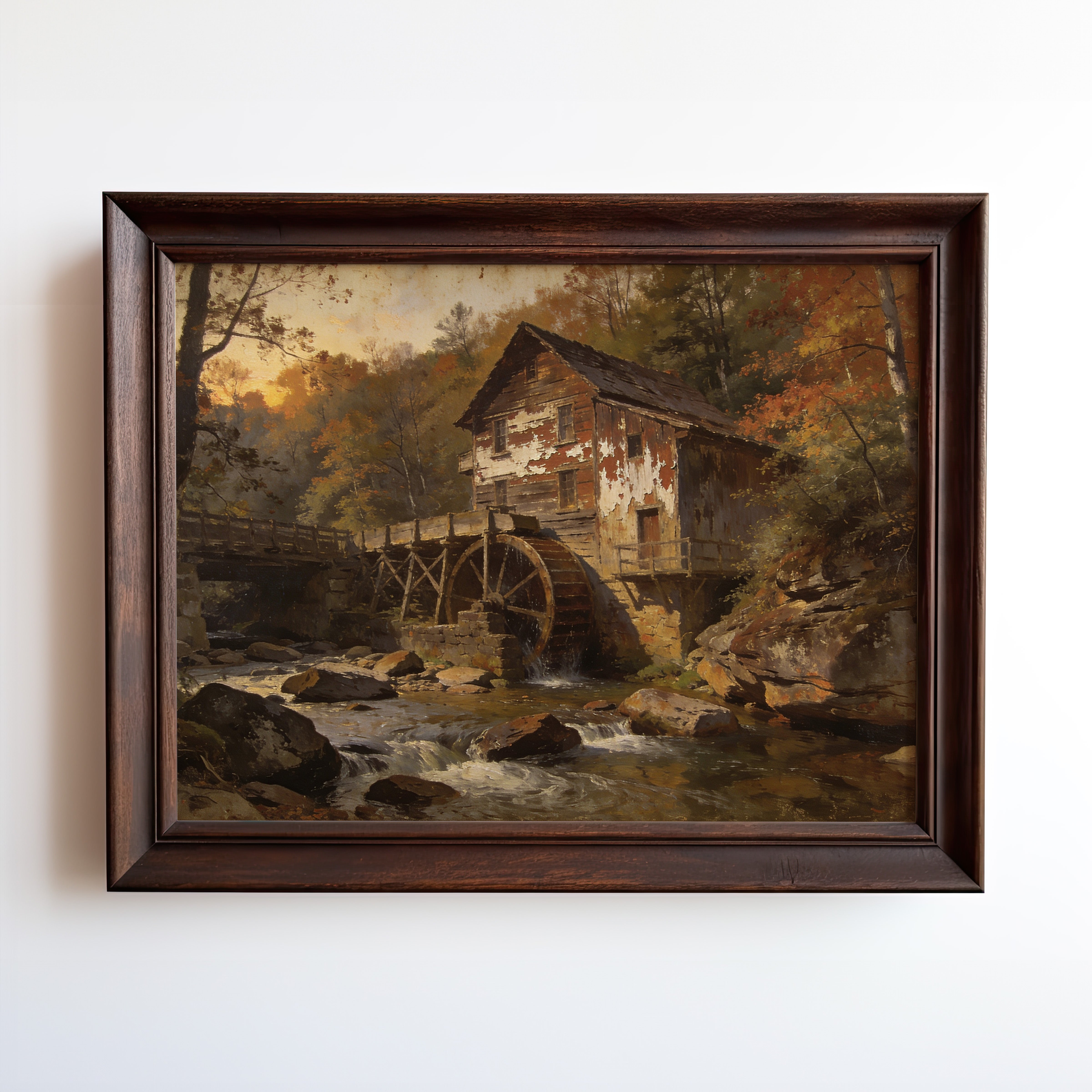 Oil painting of a historic grist mill and water wheel beside an autumn forest stream