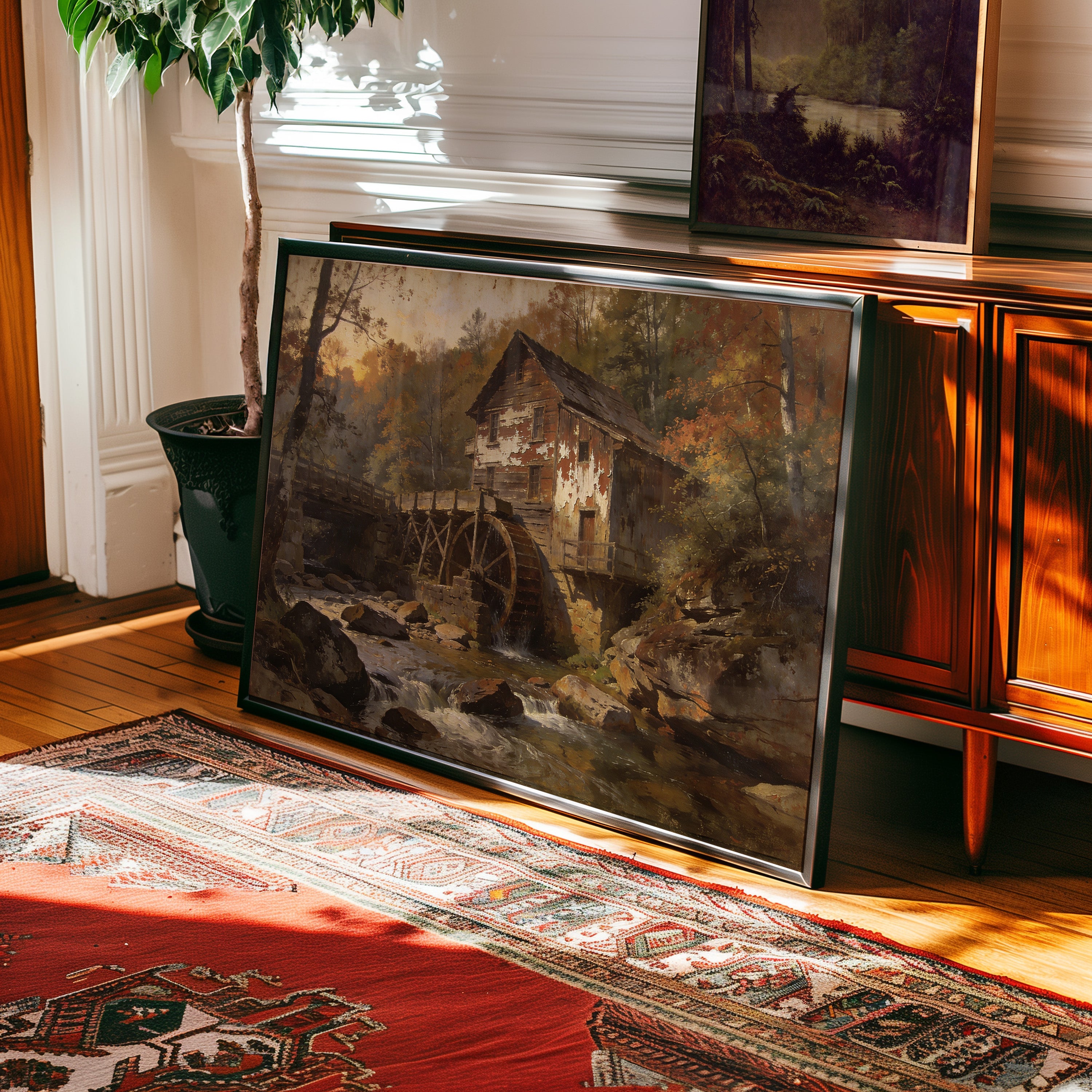 Oil painting of a historic grist mill and water wheel beside an autumn forest stream — view 2