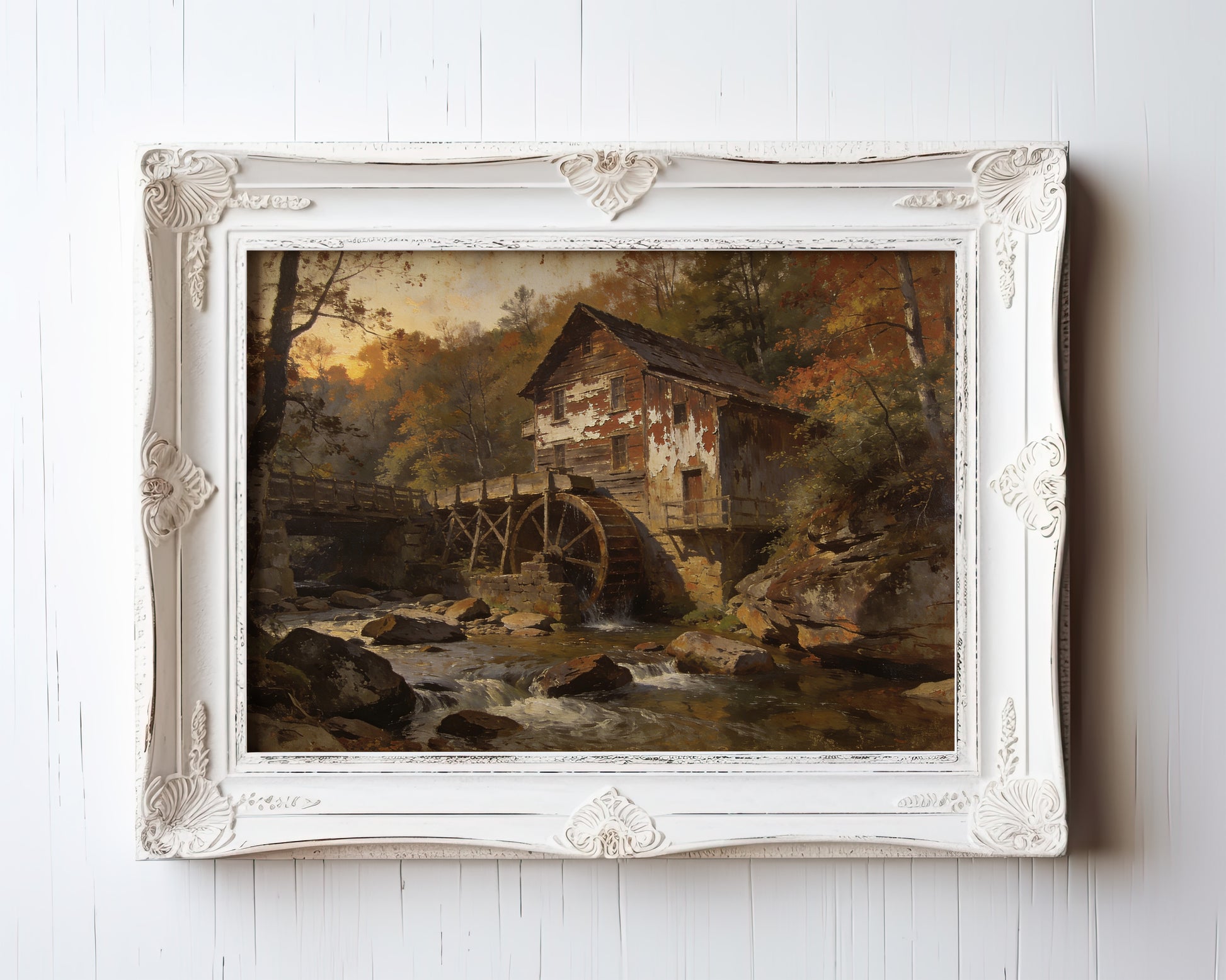 Oil painting of a historic grist mill and water wheel beside an autumn forest stream — view 3