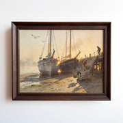 Watercolor painting of fishing boats and dockworkers at dawn on a harbor pier