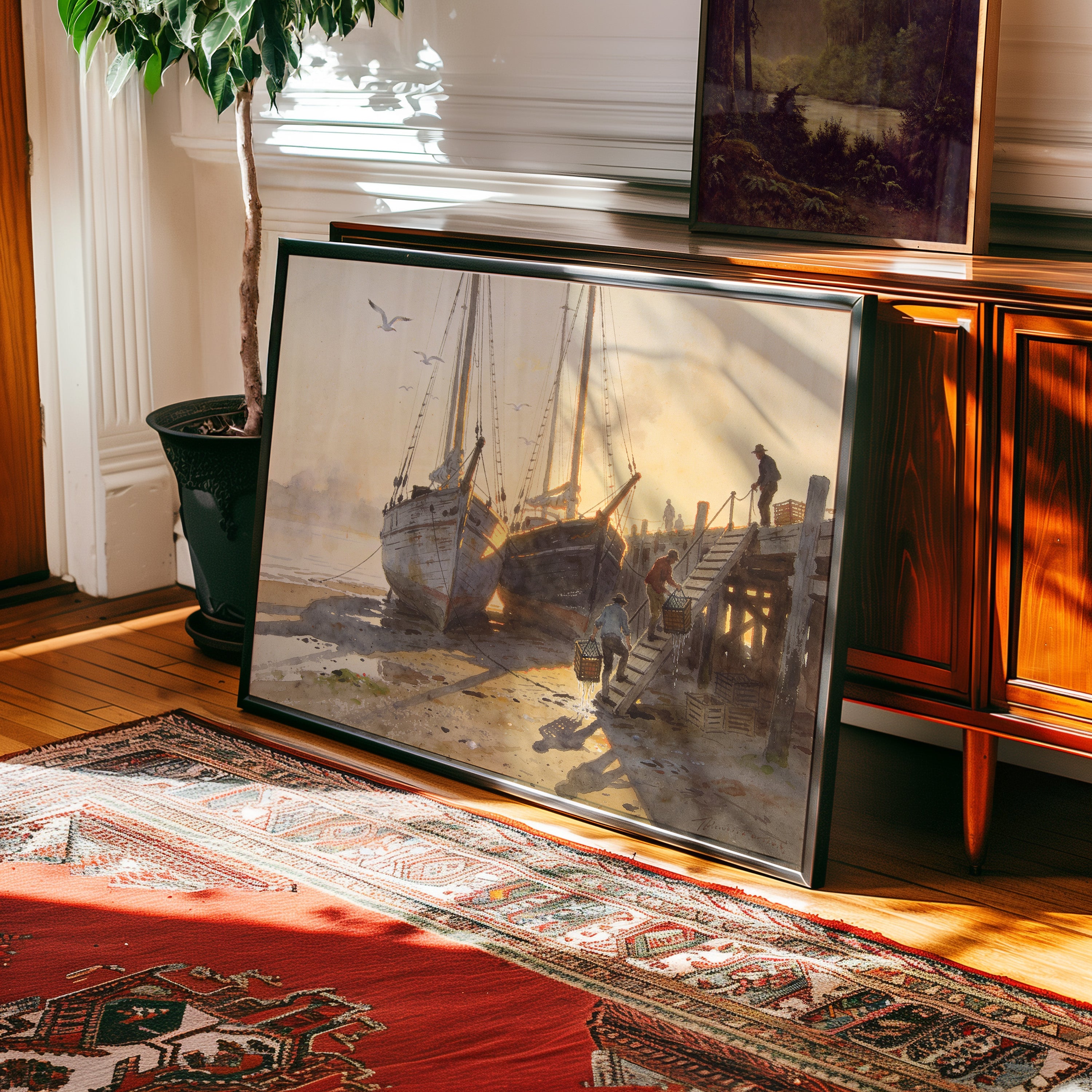 Watercolor painting of fishing boats and dockworkers at dawn on a harbor pier — view 2