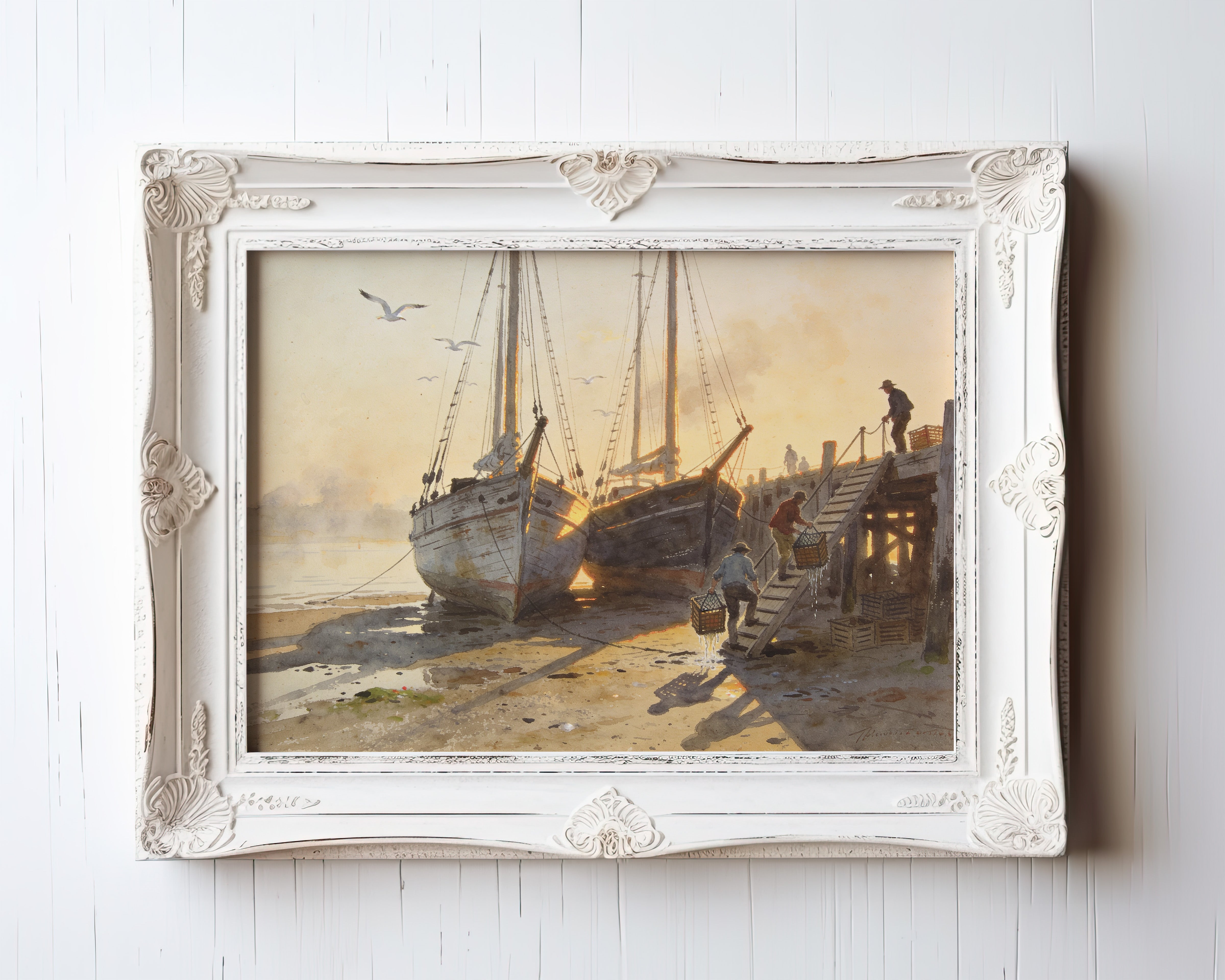 Watercolor painting of fishing boats and dockworkers at dawn on a harbor pier — view 3