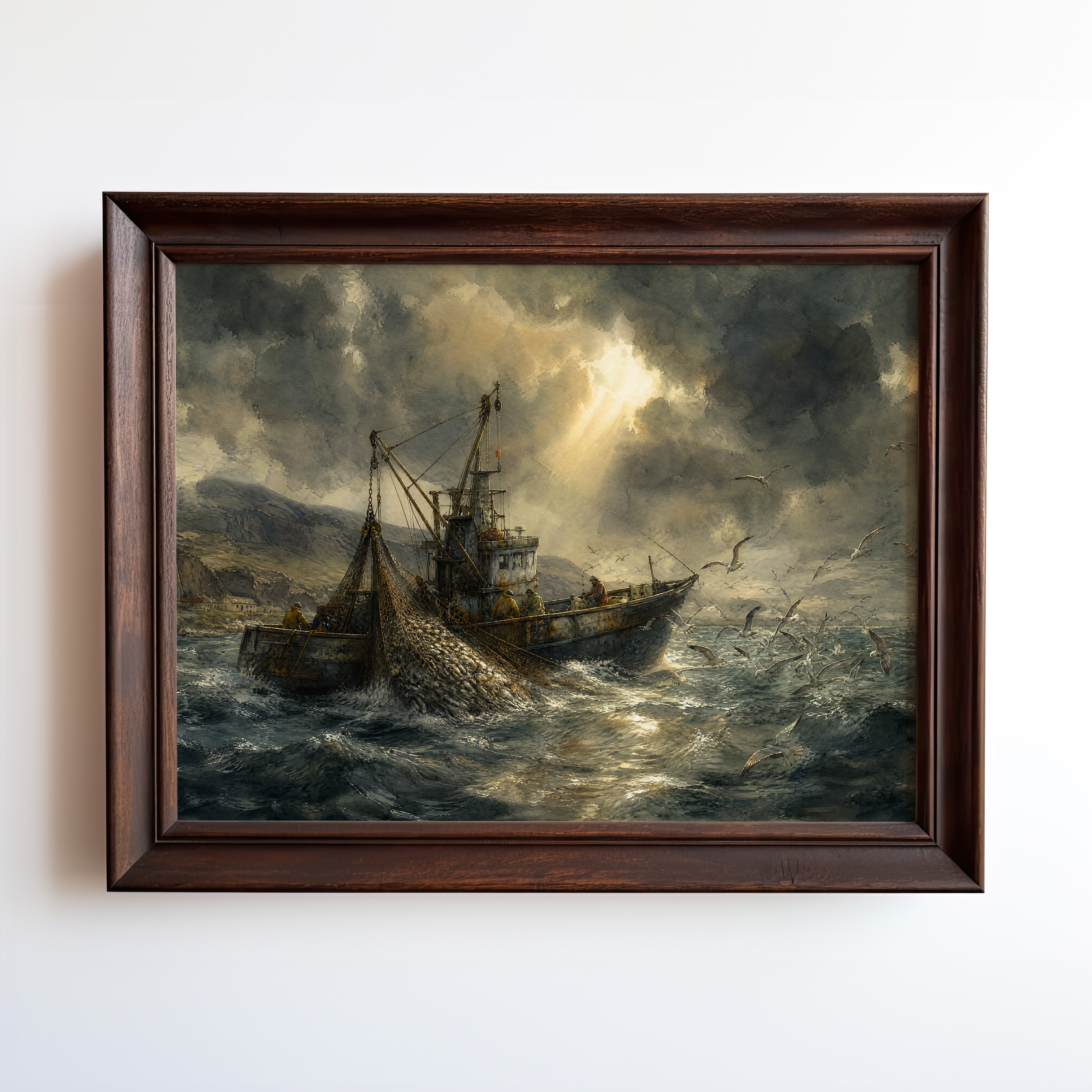 Oil painting of a fishing trawler casting nets in stormy seas with golden light