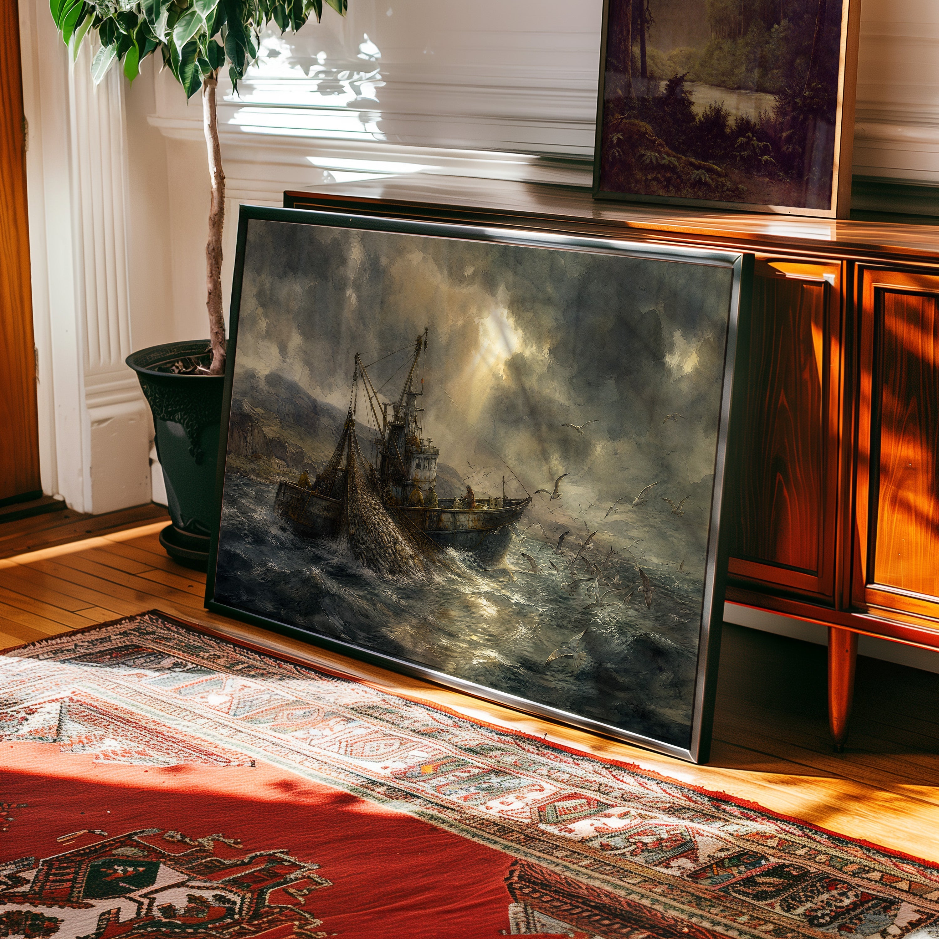 Oil painting of a fishing trawler casting nets in stormy seas with golden light — view 2