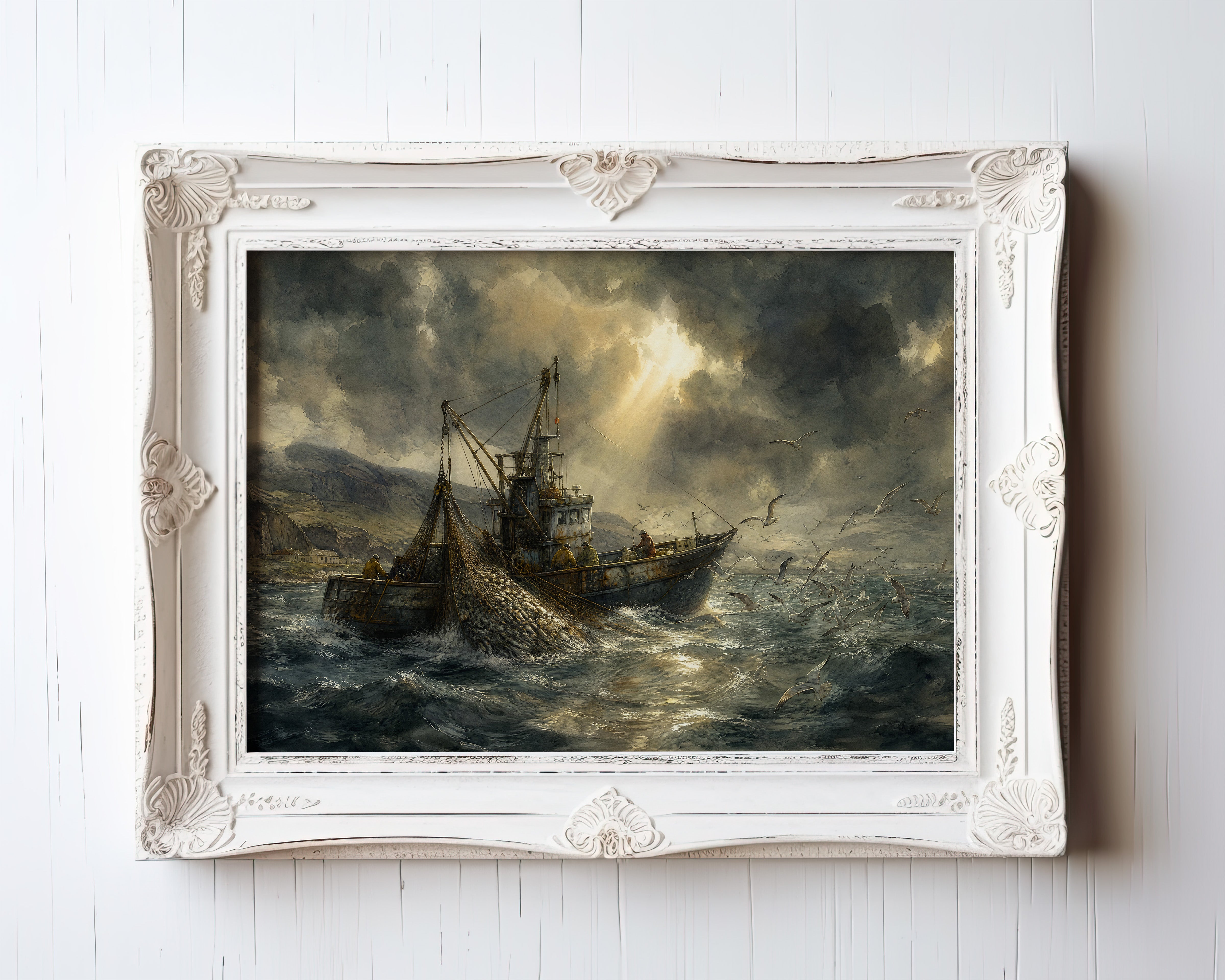 Oil painting of a fishing trawler casting nets in stormy seas with golden light — view 3