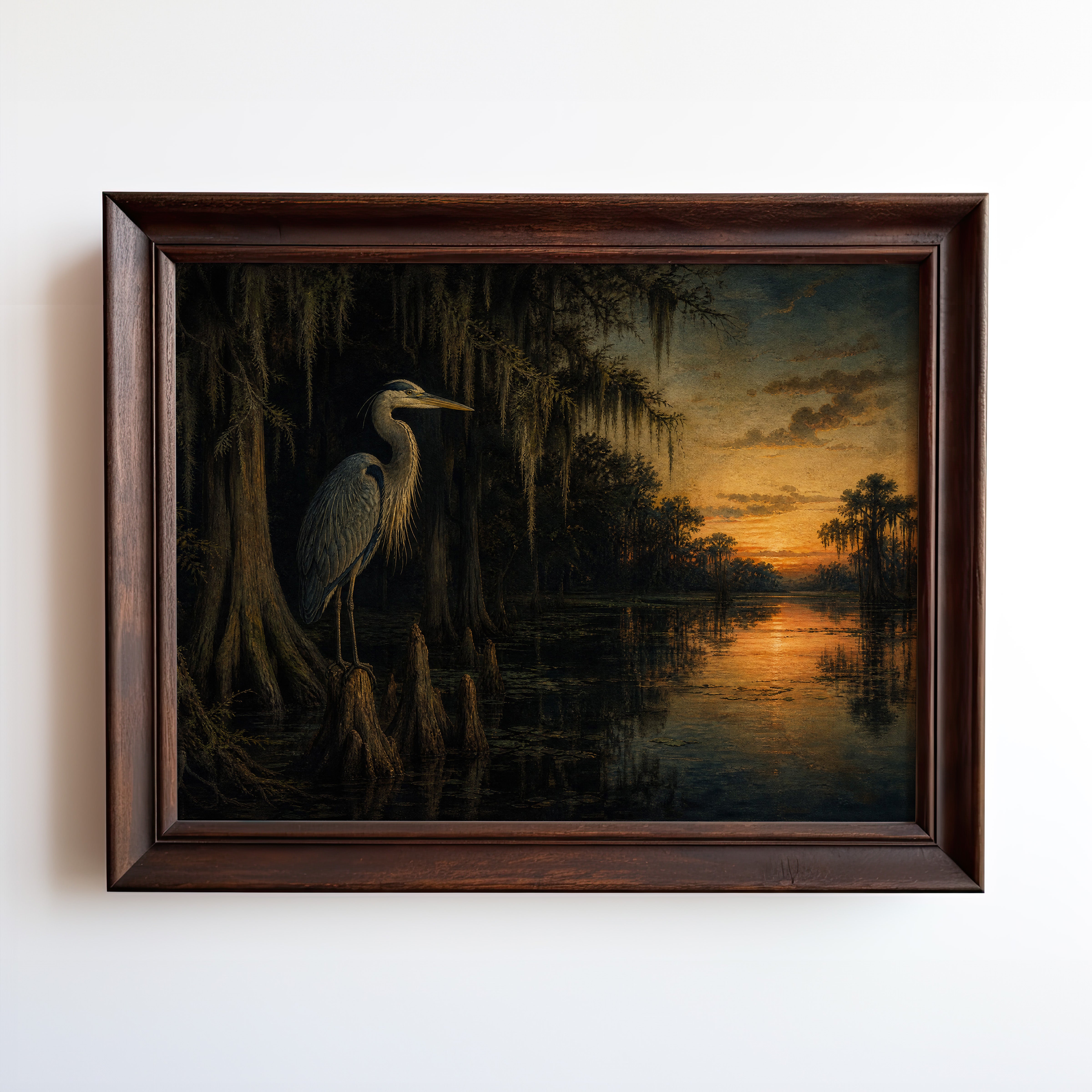 Great blue heron silhouetted at golden sunset in a cypress swamp oil painting
