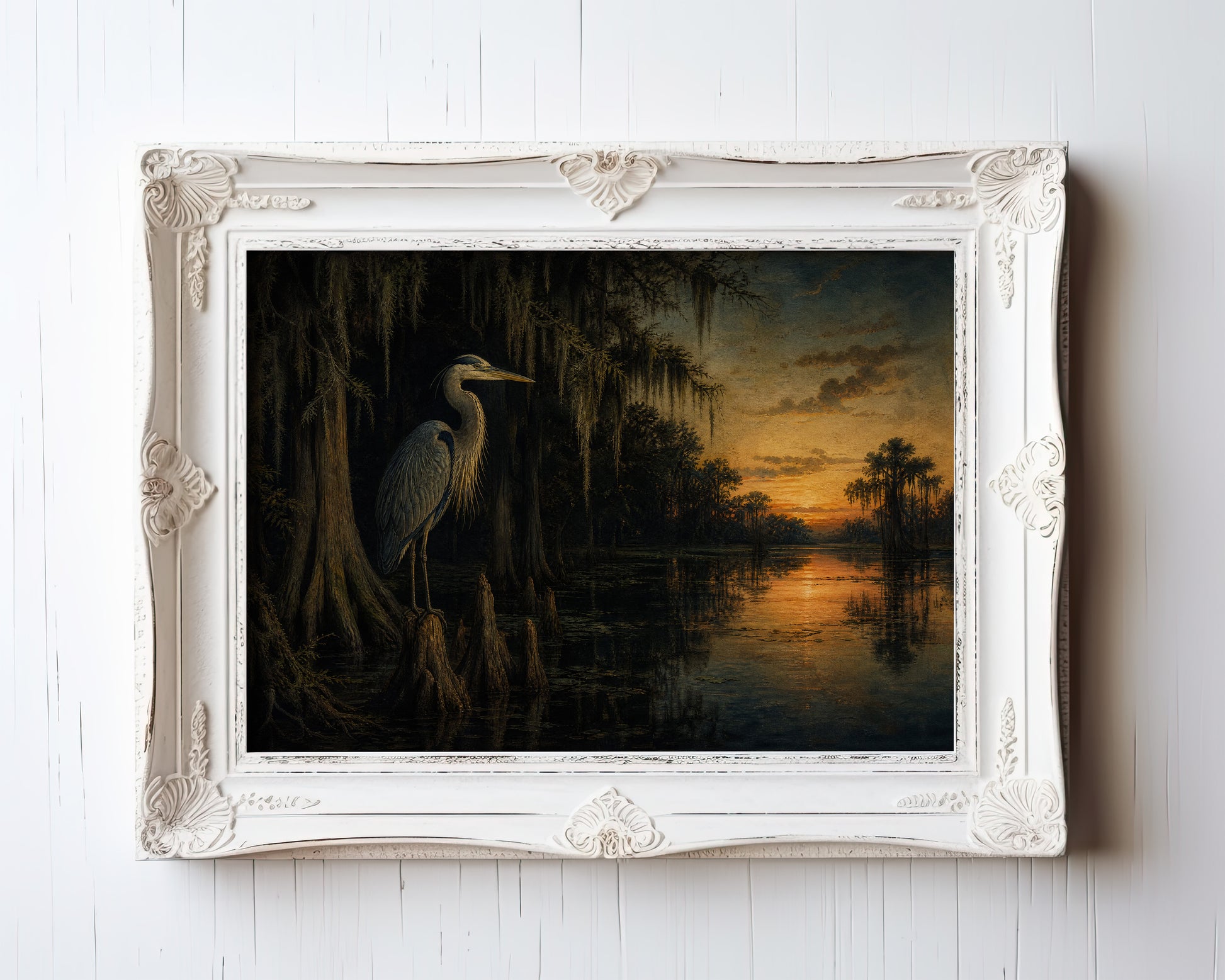 Great blue heron silhouetted at golden sunset in a cypress swamp oil painting — view 3