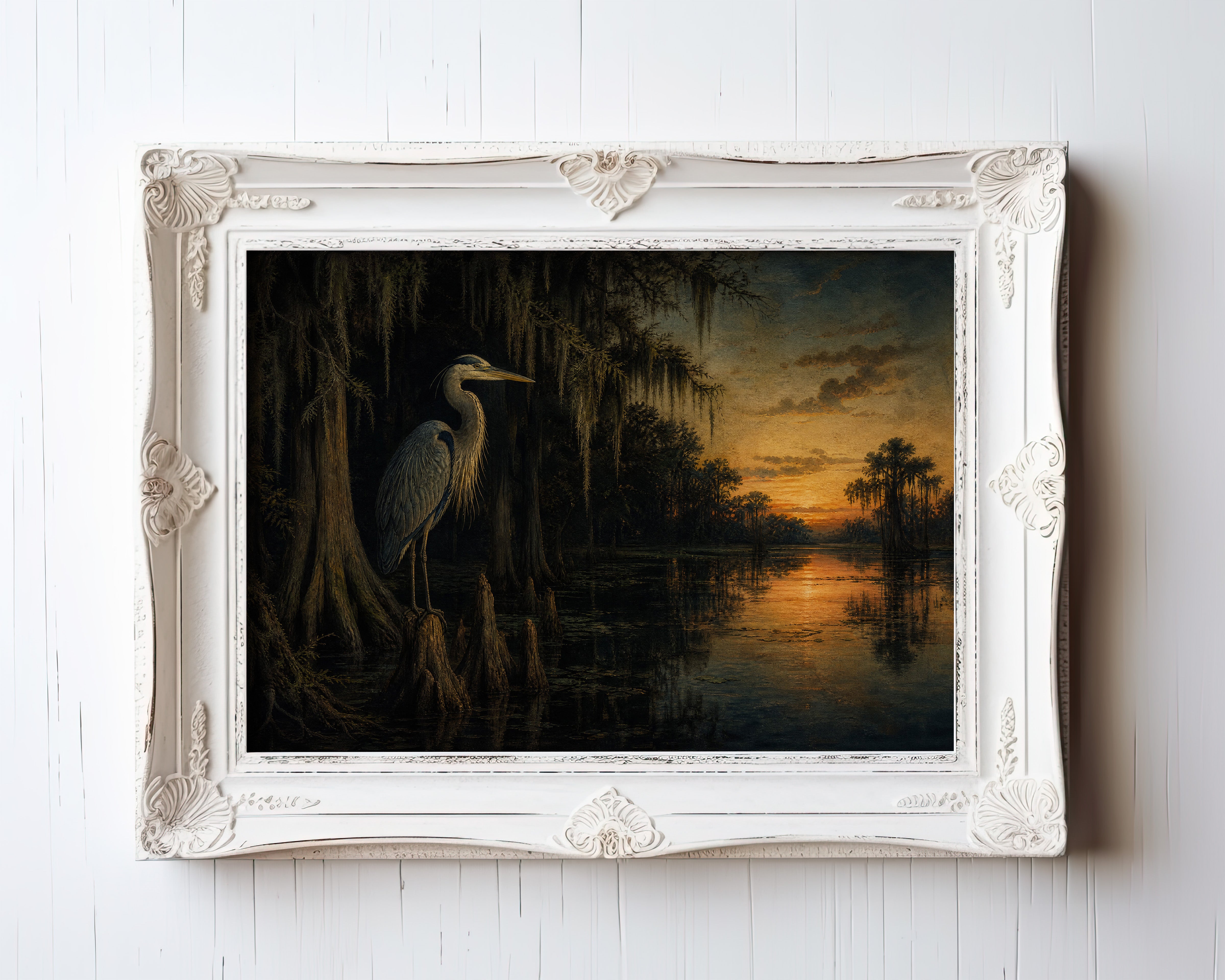 Great blue heron silhouetted at golden sunset in a cypress swamp oil painting — view 3