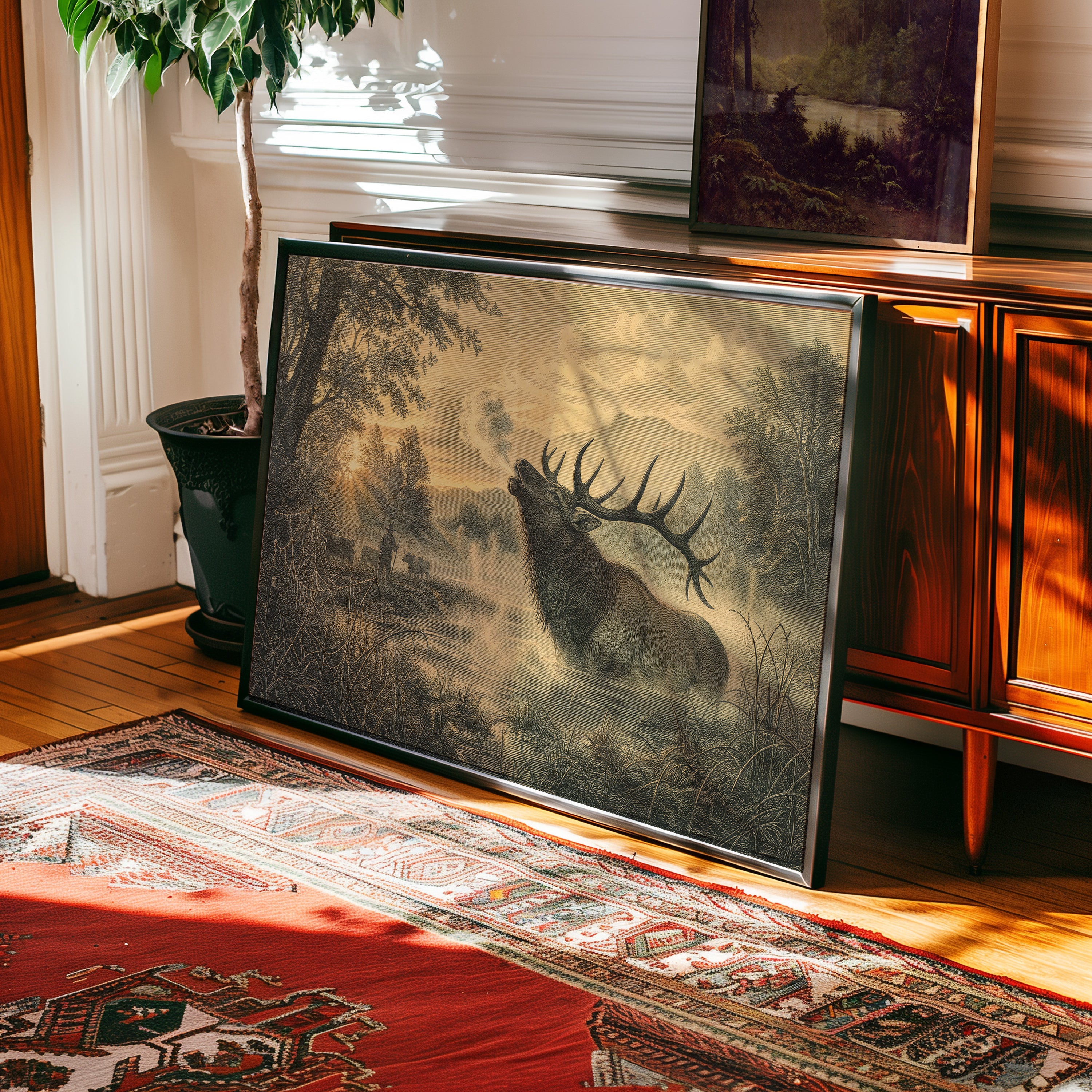 Etching-style print of a bull elk bugling in misty river valley at golden-hour dawn — view 2