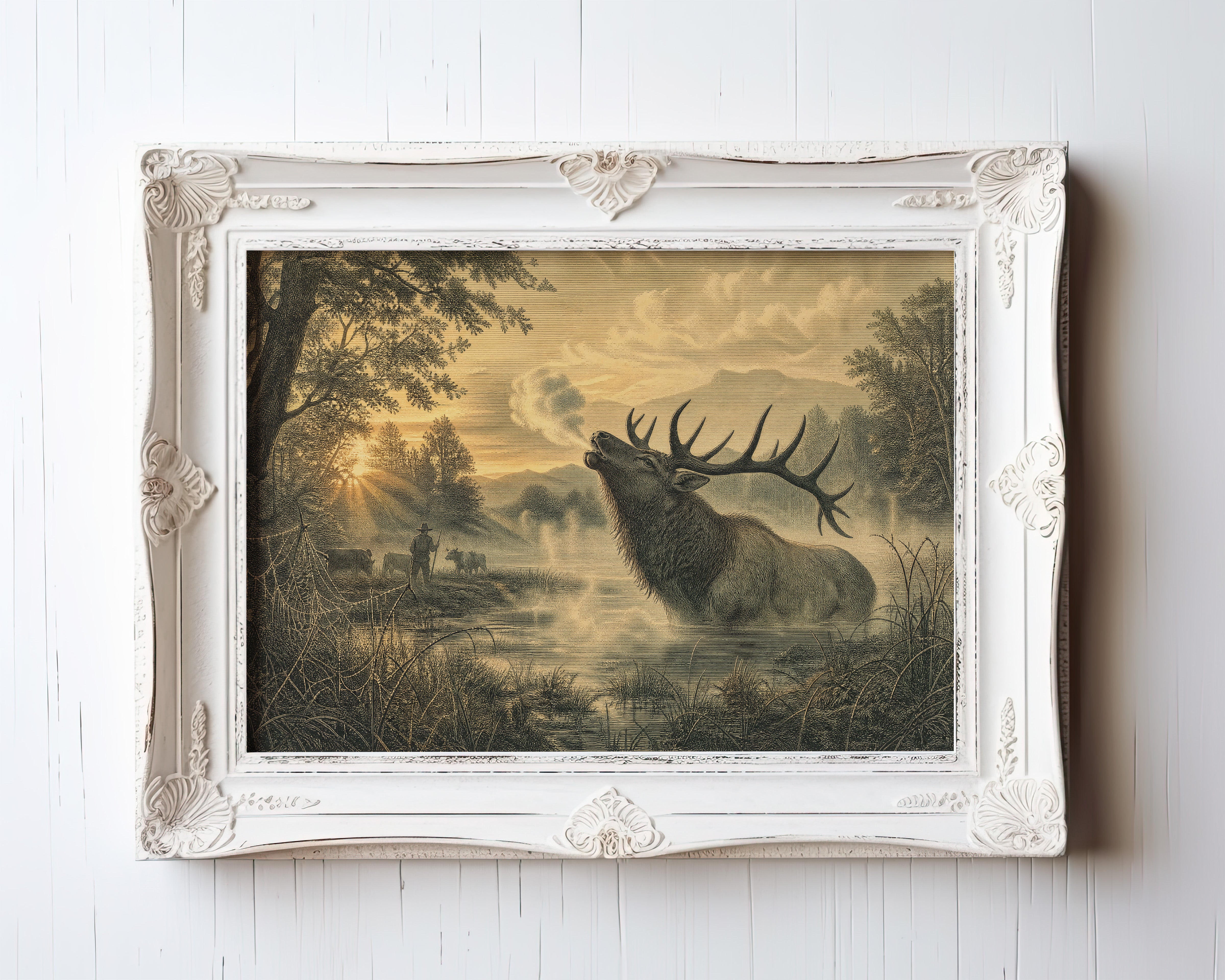 Etching-style print of a bull elk bugling in misty river valley at golden-hour dawn — view 3