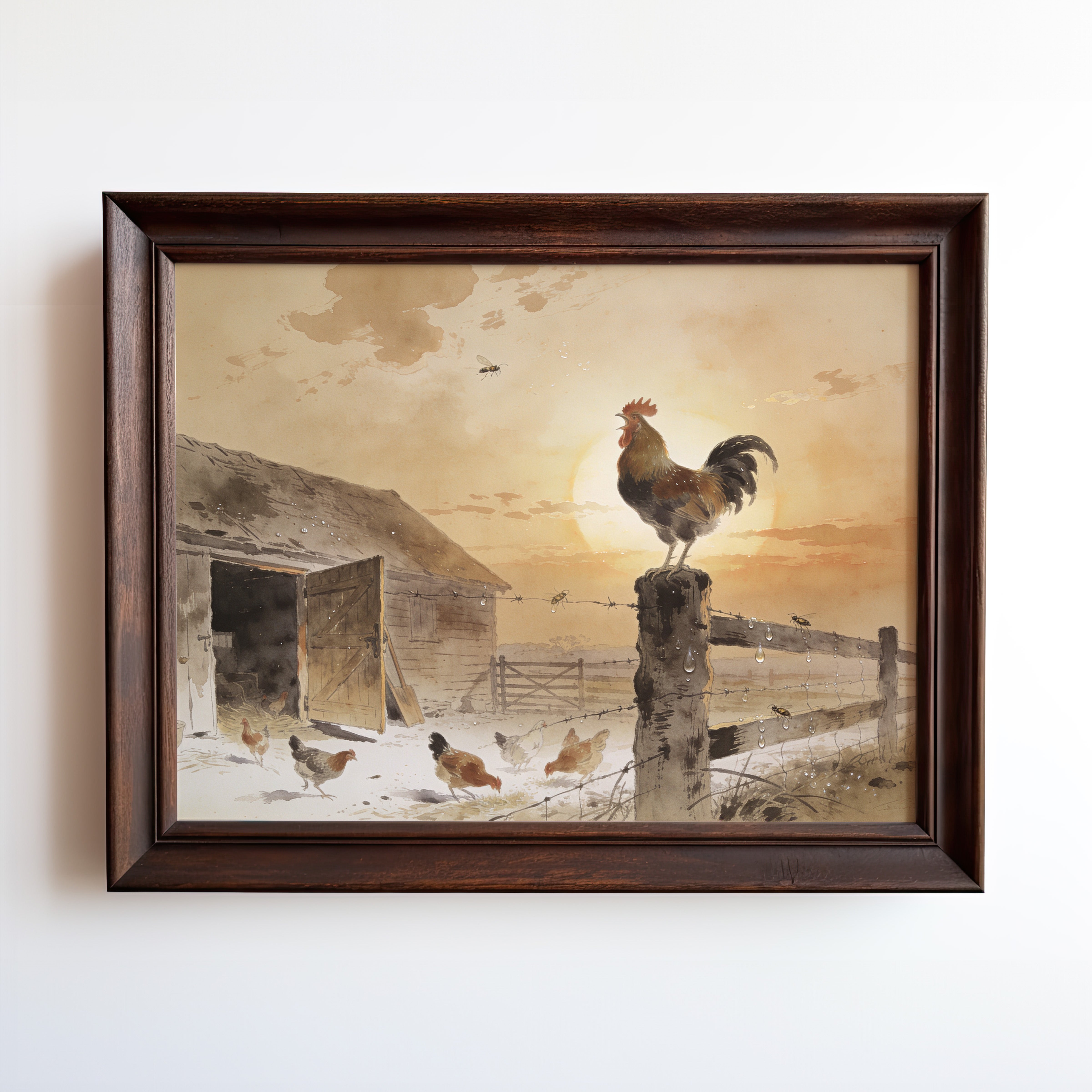 Watercolor print of a rooster crowing on a fence post at golden sunrise above a farmyard