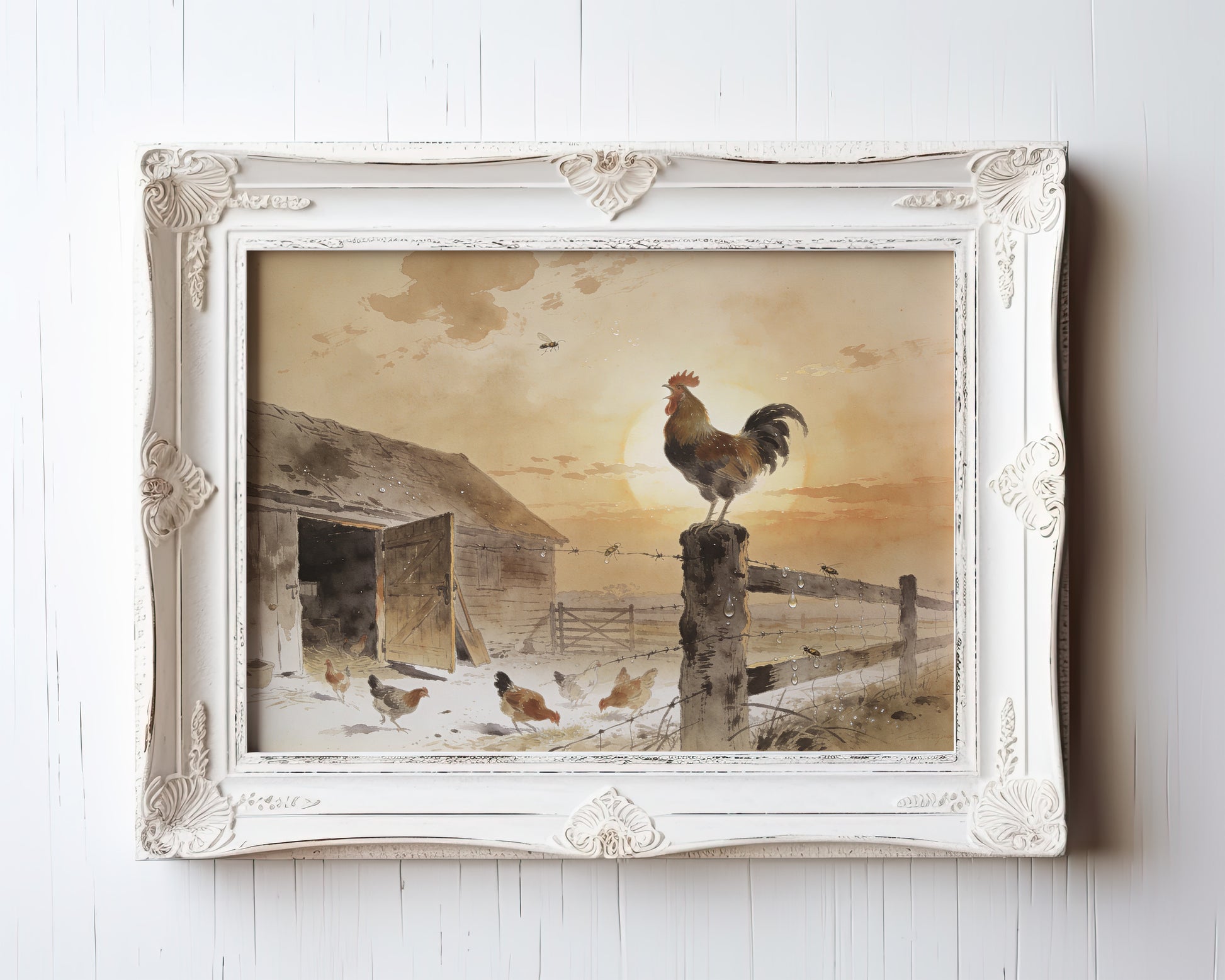 Watercolor print of a rooster crowing on a fence post at golden sunrise above a farmyard — view 3
