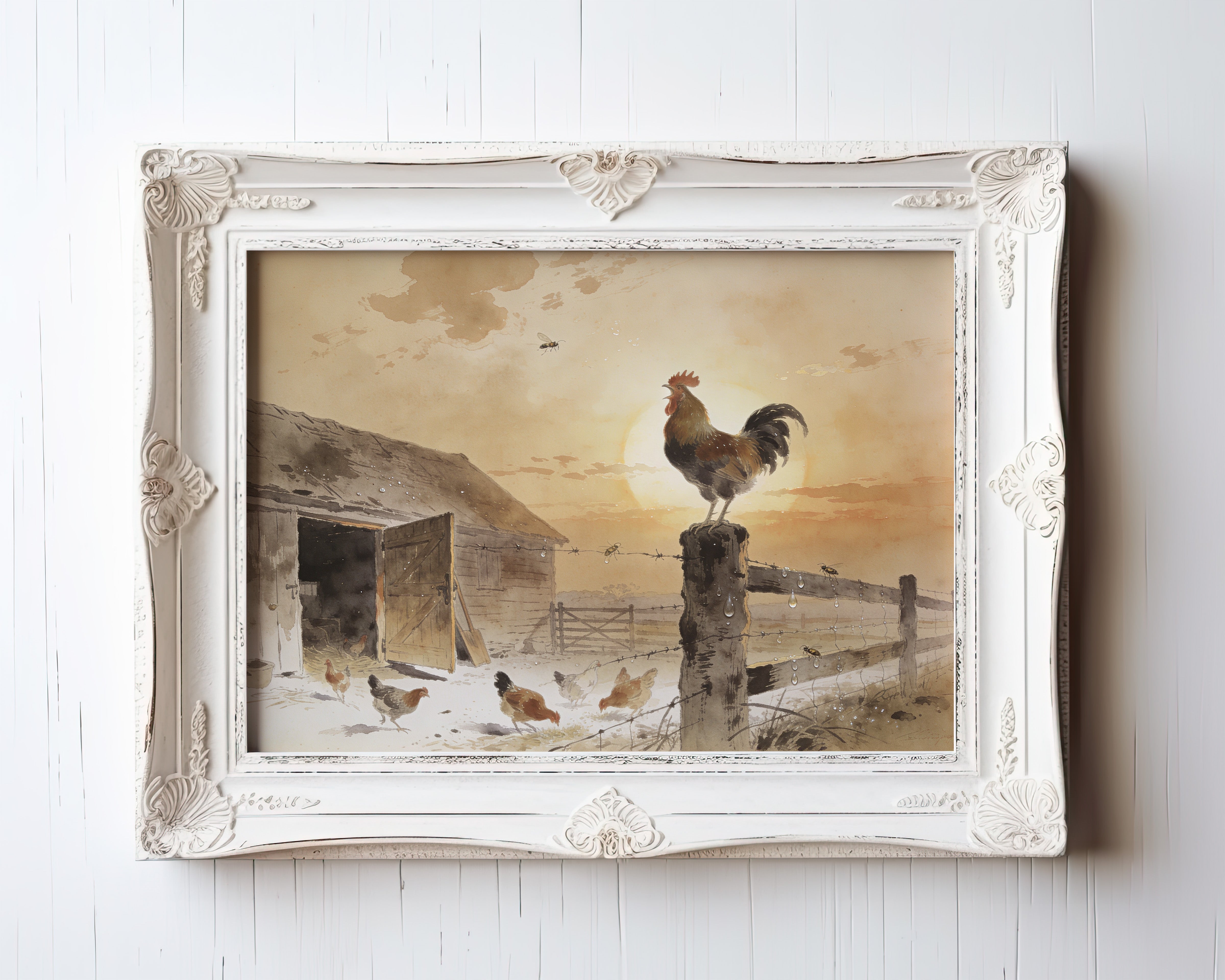 Watercolor print of a rooster crowing on a fence post at golden sunrise above a farmyard — view 3