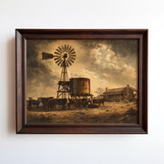 Vintage desert ranch poster with windmill silhouette and cattle at sunset