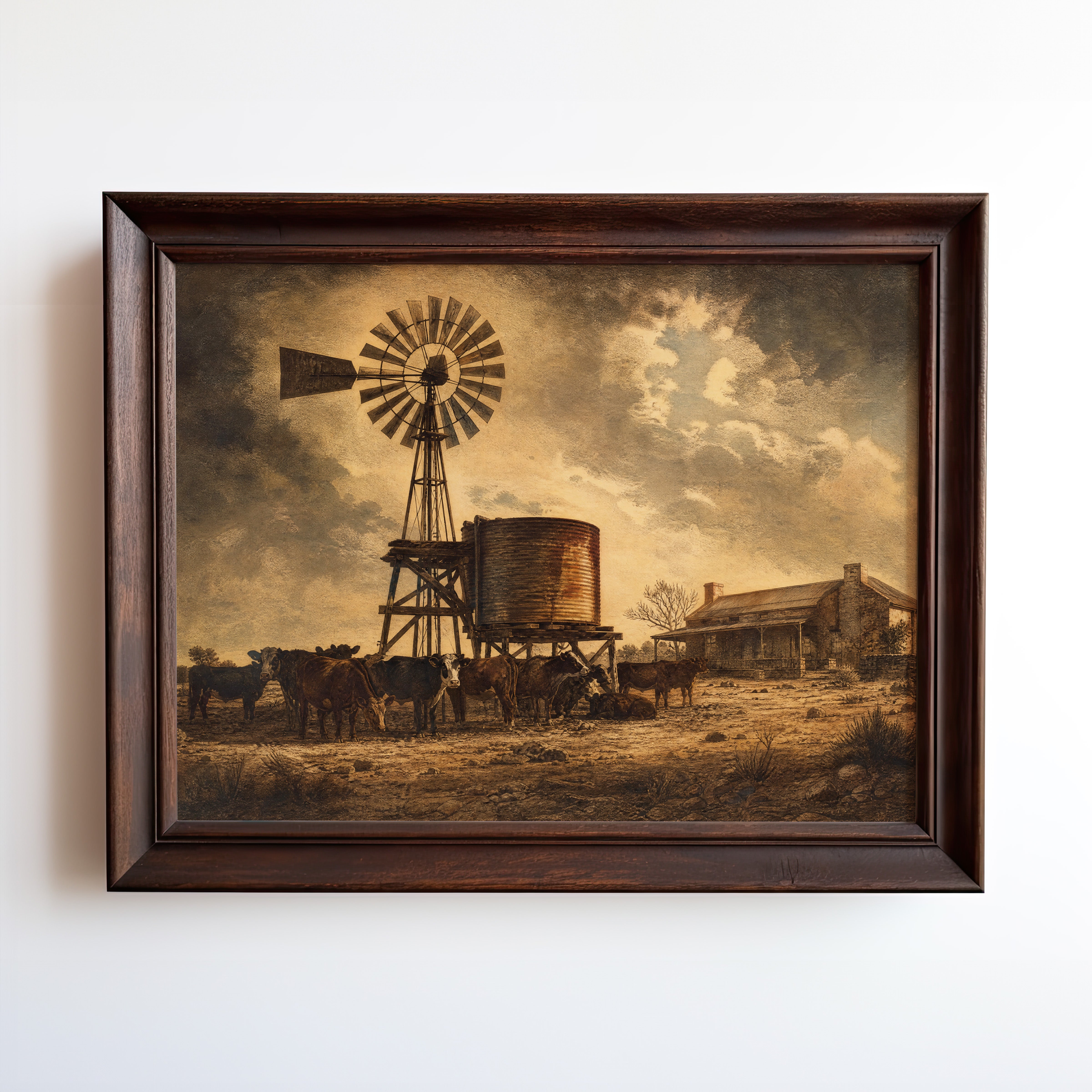 Vintage desert ranch poster with windmill silhouette and cattle at sunset