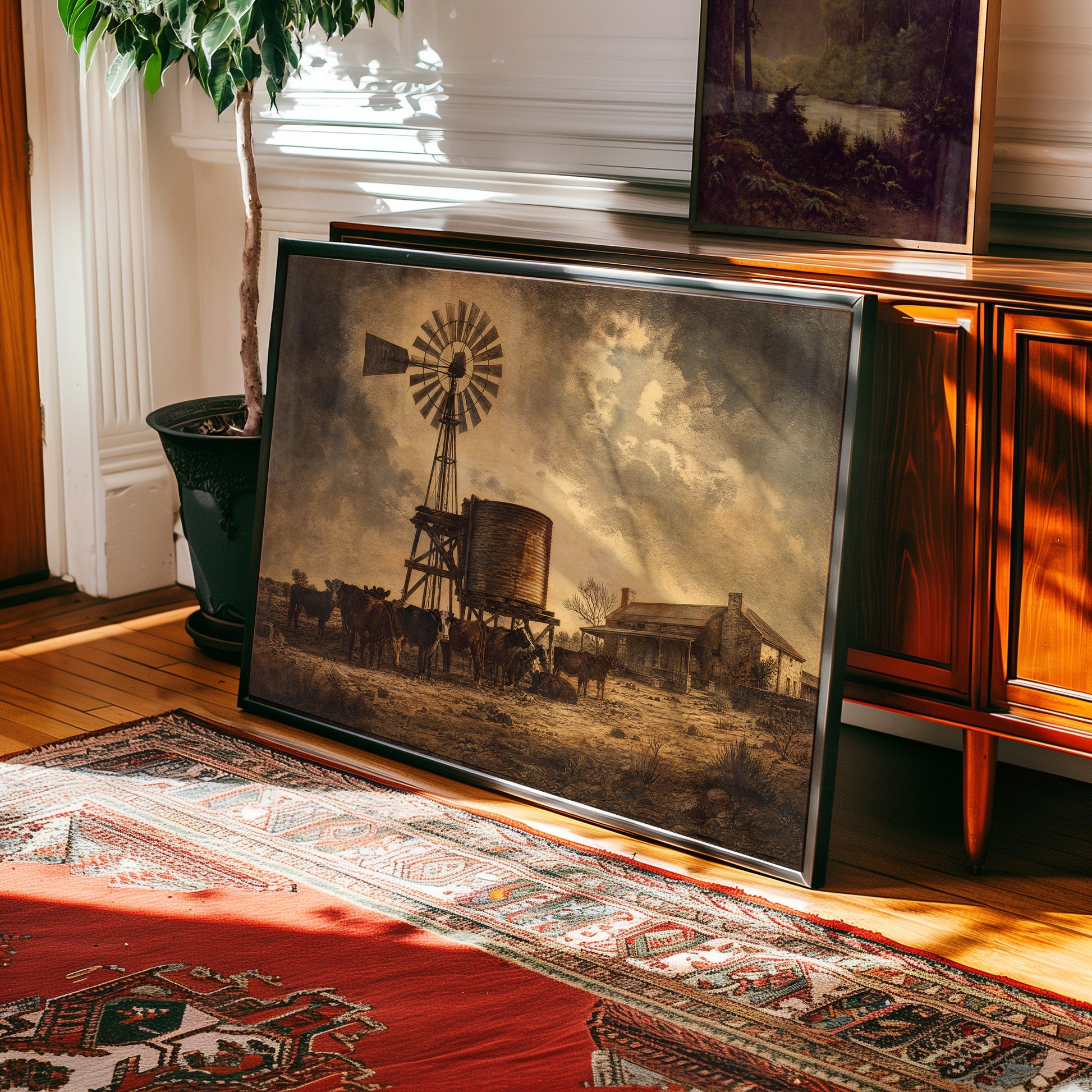 Vintage desert ranch poster with windmill silhouette and cattle at sunset — view 2