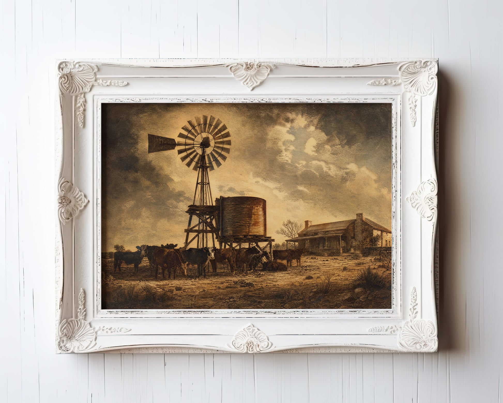 Vintage desert ranch poster with windmill silhouette and cattle at sunset — view 3
