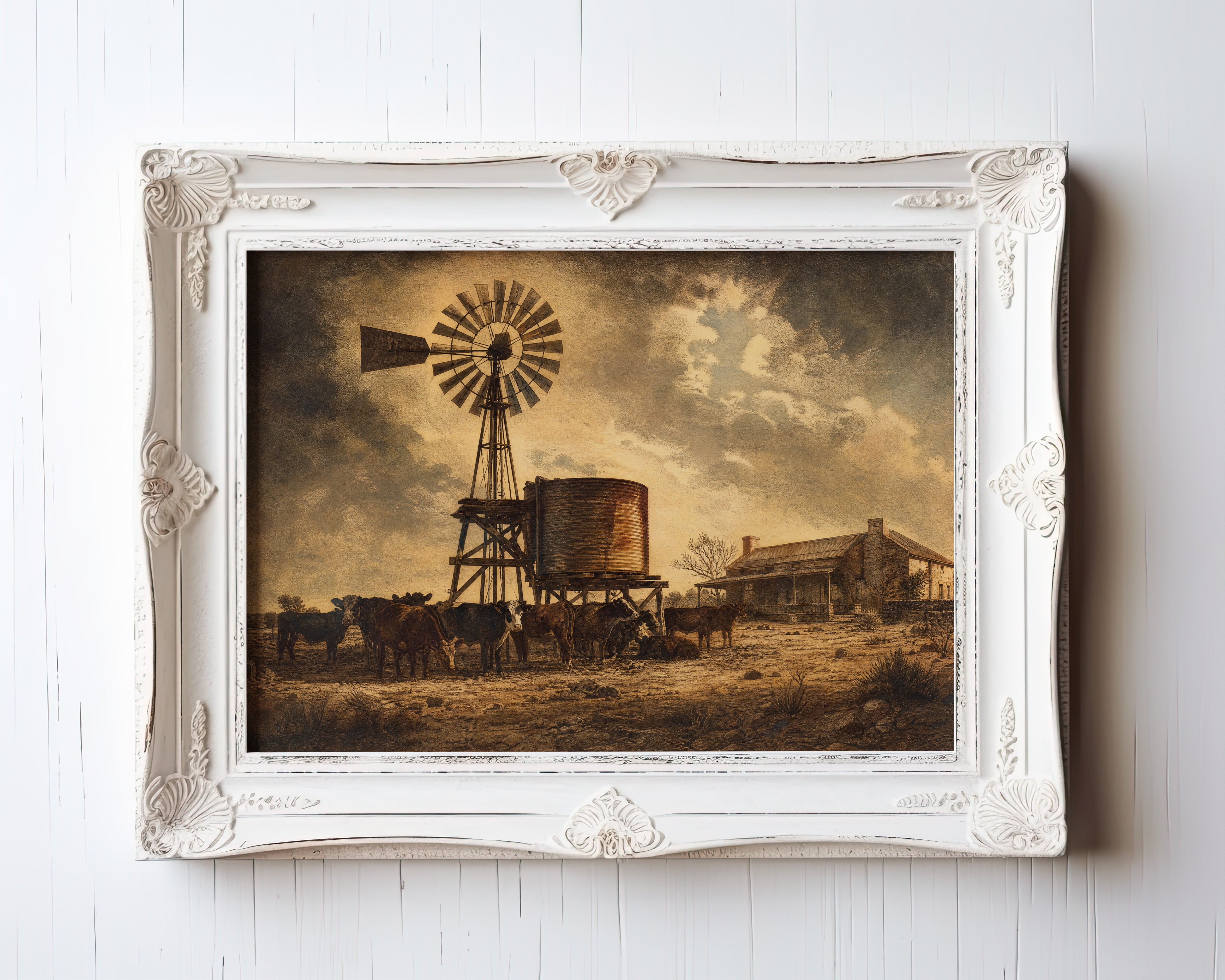 Vintage desert ranch poster with windmill silhouette and cattle at sunset — view 3