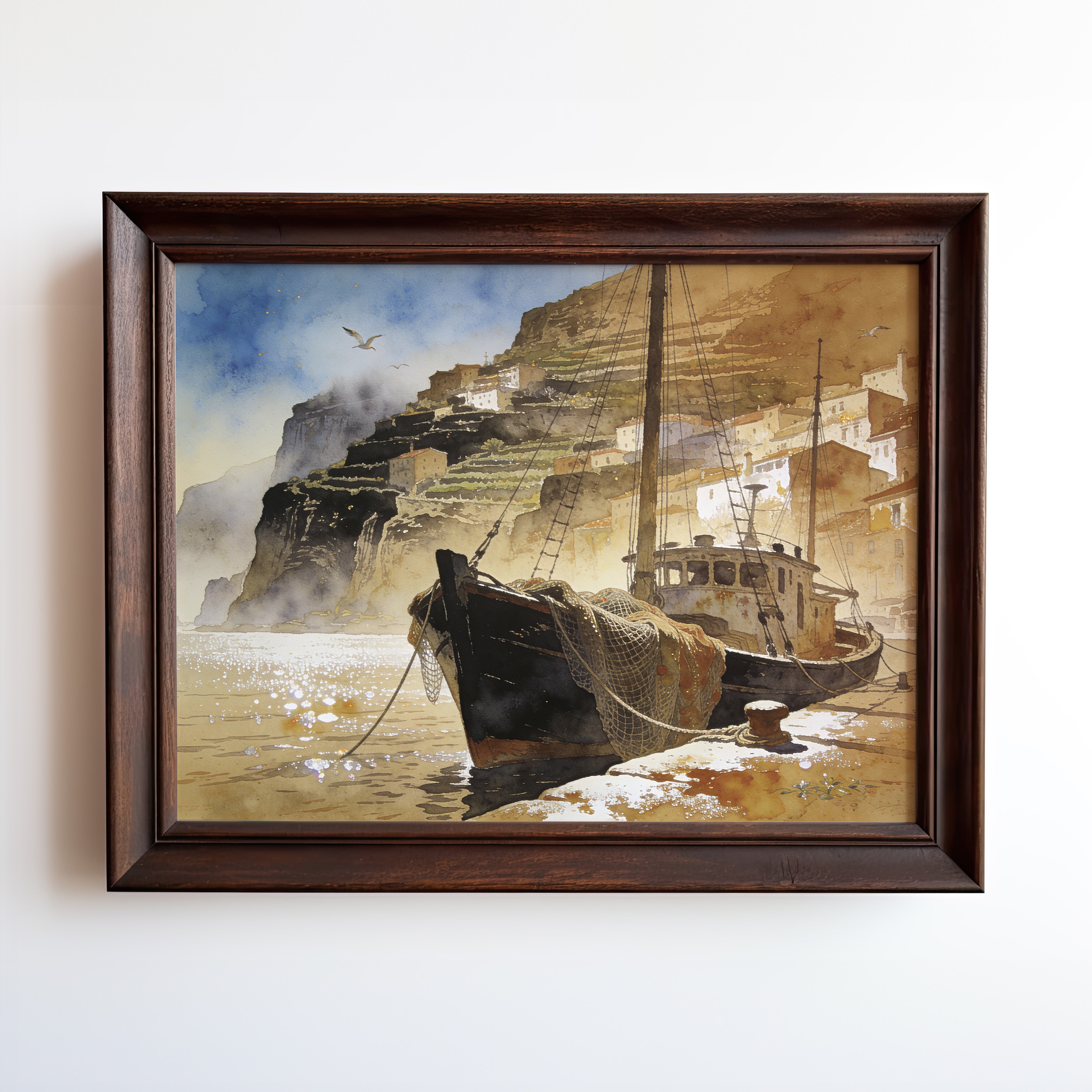 Watercolor painting of weathered fishing boats moored at a golden-hour cliffside harbor village