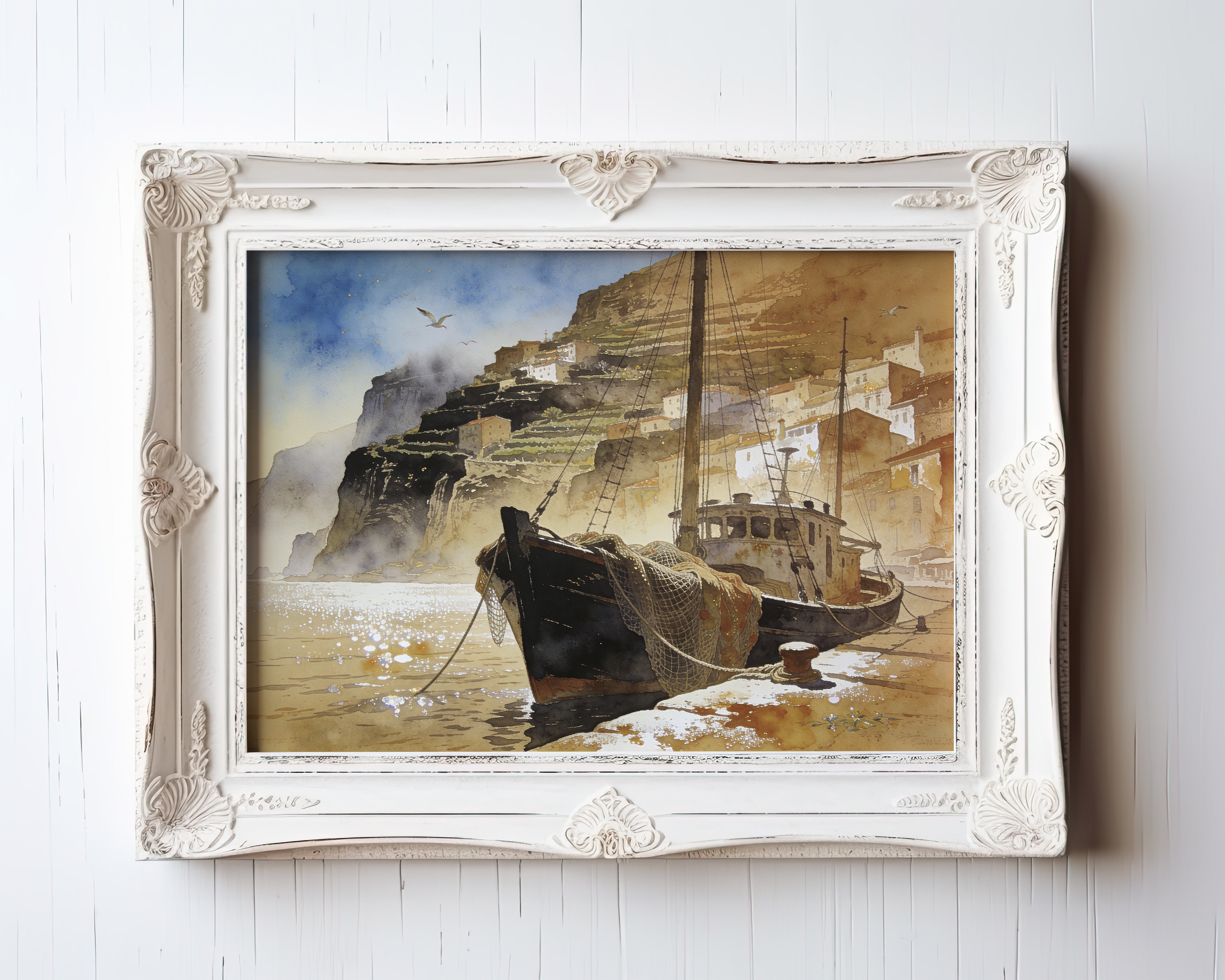 Watercolor painting of weathered fishing boats moored at a golden-hour cliffside harbor village — view 3