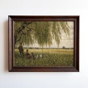 Oil painting print of hunters and dog resting beneath weeping willow by golden wheat field