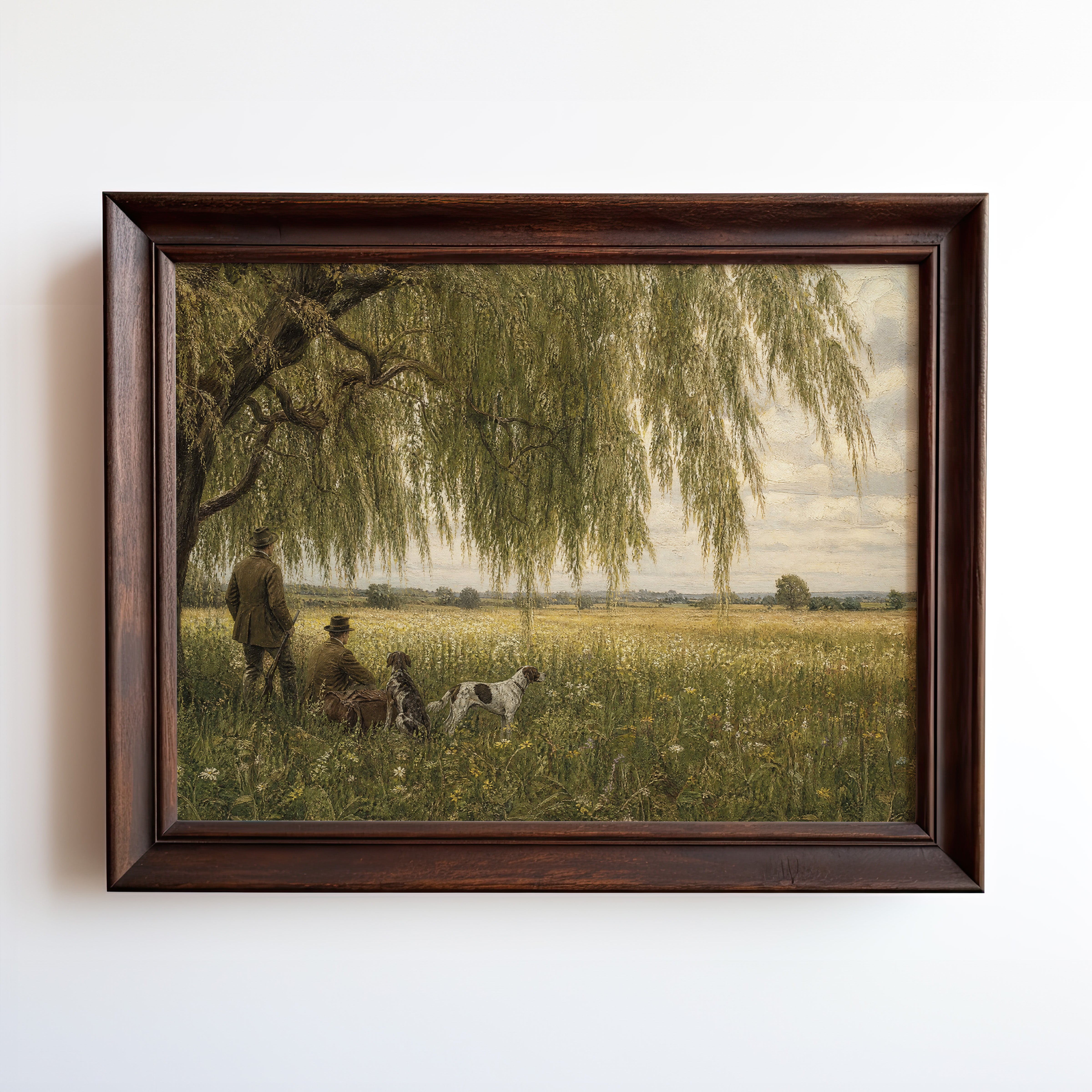 Oil painting print of hunters and dog resting beneath weeping willow by golden wheat field