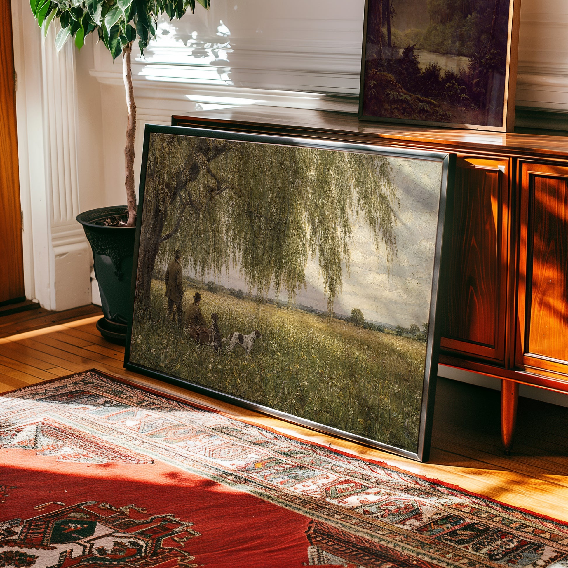 Oil painting print of hunters and dog resting beneath weeping willow by golden wheat field — view 2
