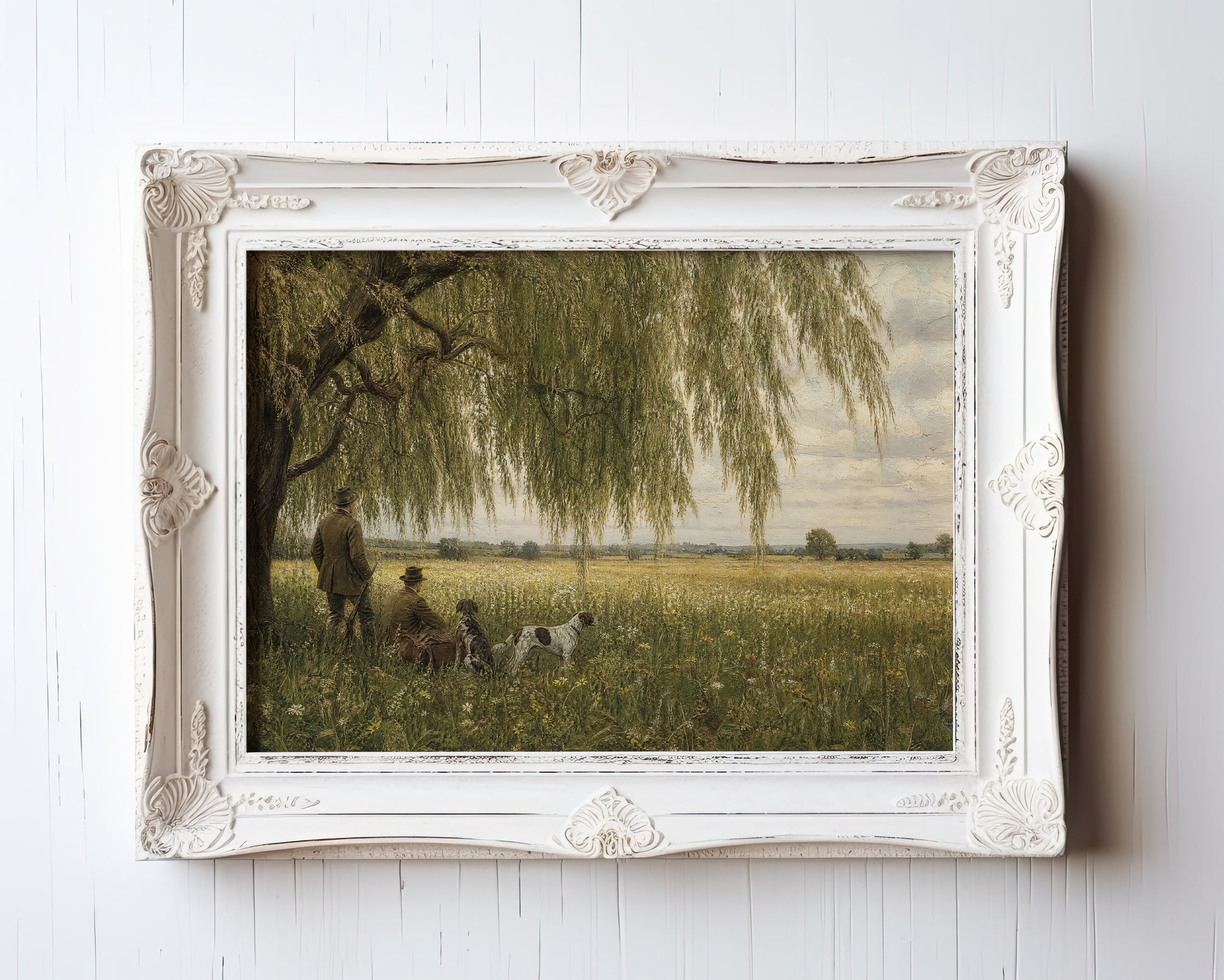 Oil painting print of hunters and dog resting beneath weeping willow by golden wheat field — view 3