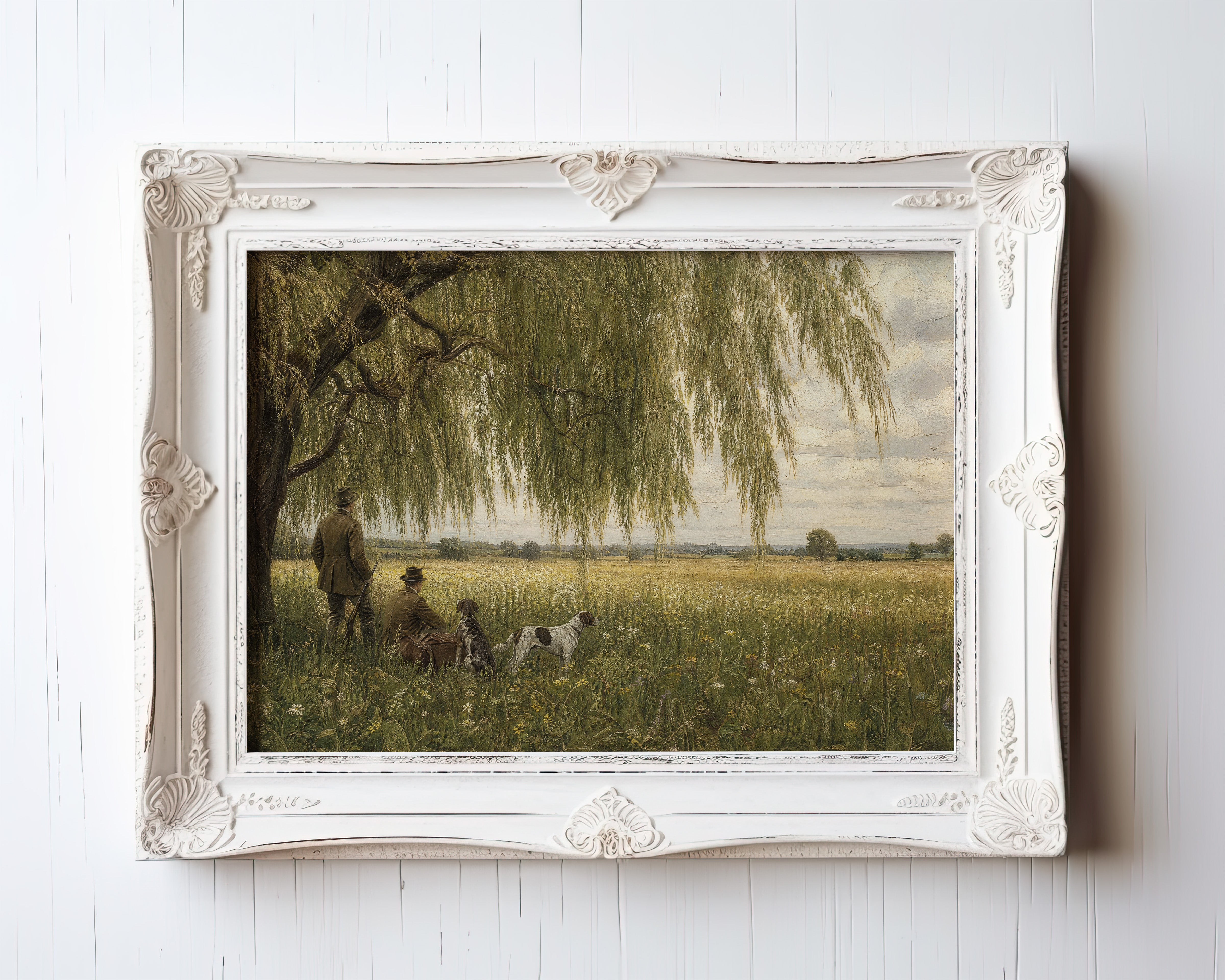 Oil painting print of hunters and dog resting beneath weeping willow by golden wheat field — view 3