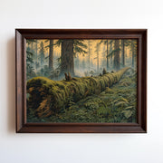 Etching-style print of a moss-covered fallen log in misty old-growth forest