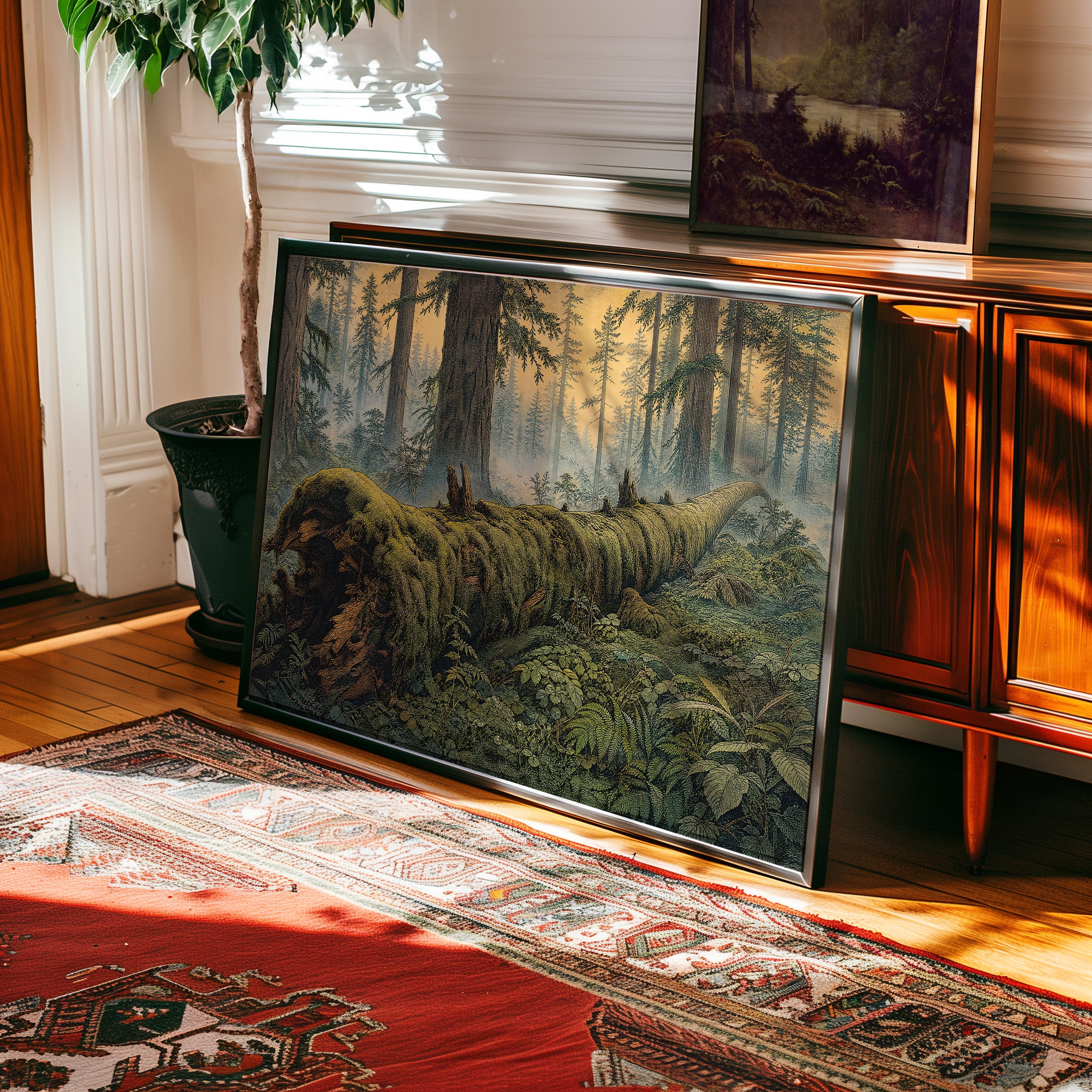 Etching-style print of a moss-covered fallen log in misty old-growth forest — view 2