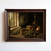 Moody kitchen still life print with copper pots and golden window light