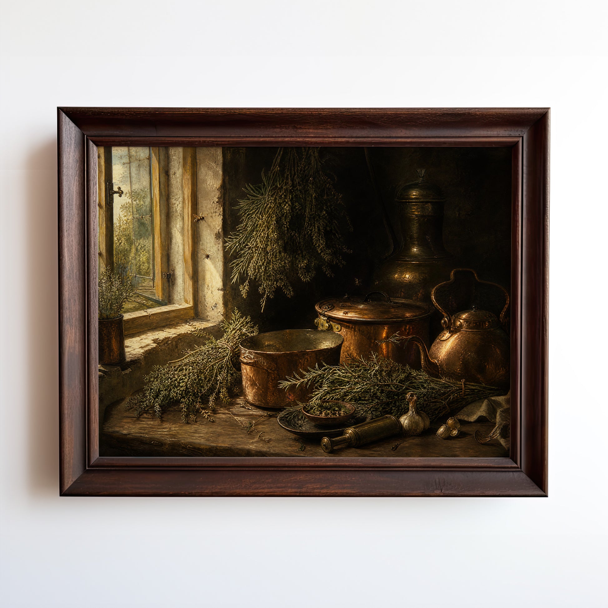 Moody kitchen still life print with copper pots and golden window light