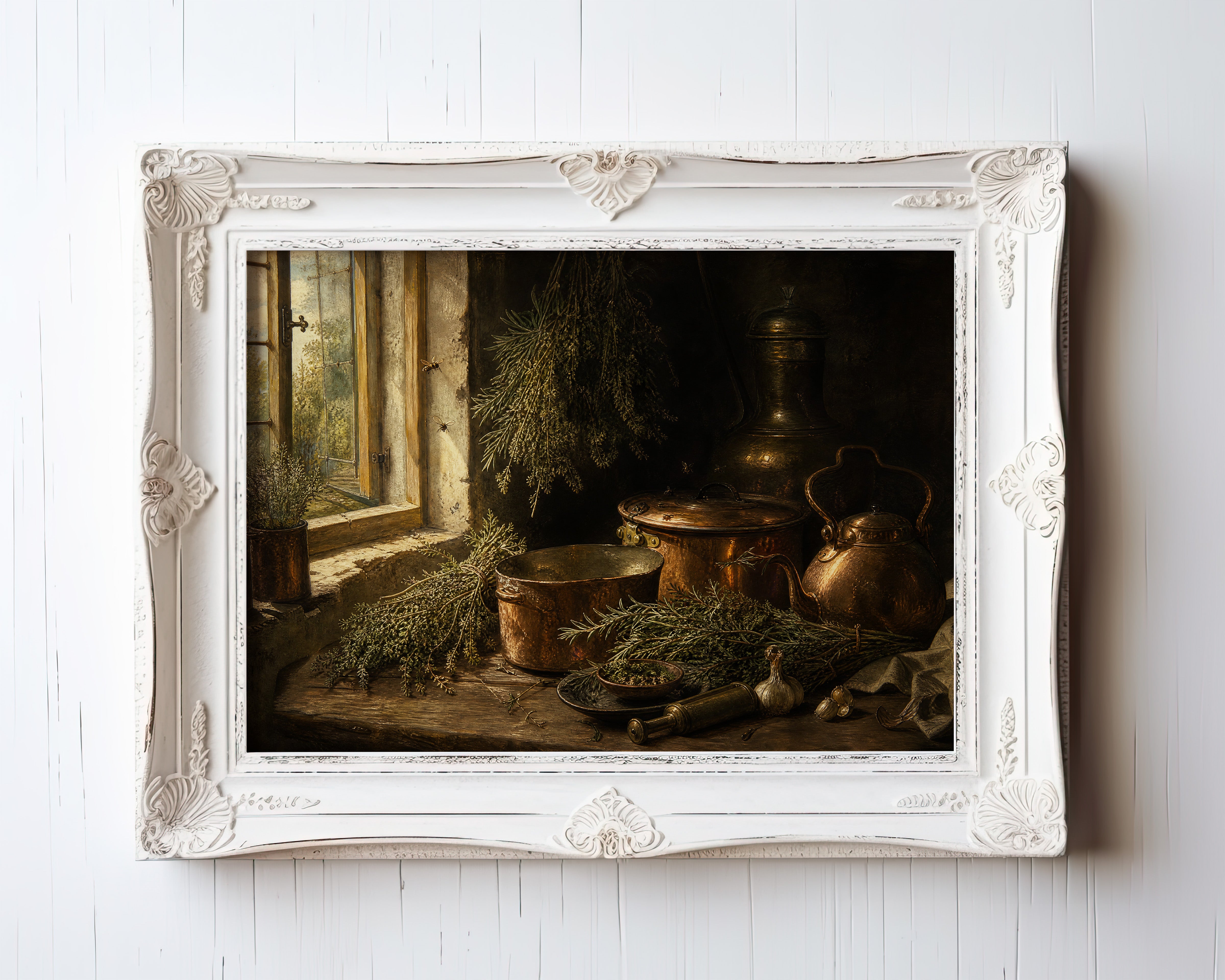 Moody kitchen still life print with copper pots and golden window light — view 3