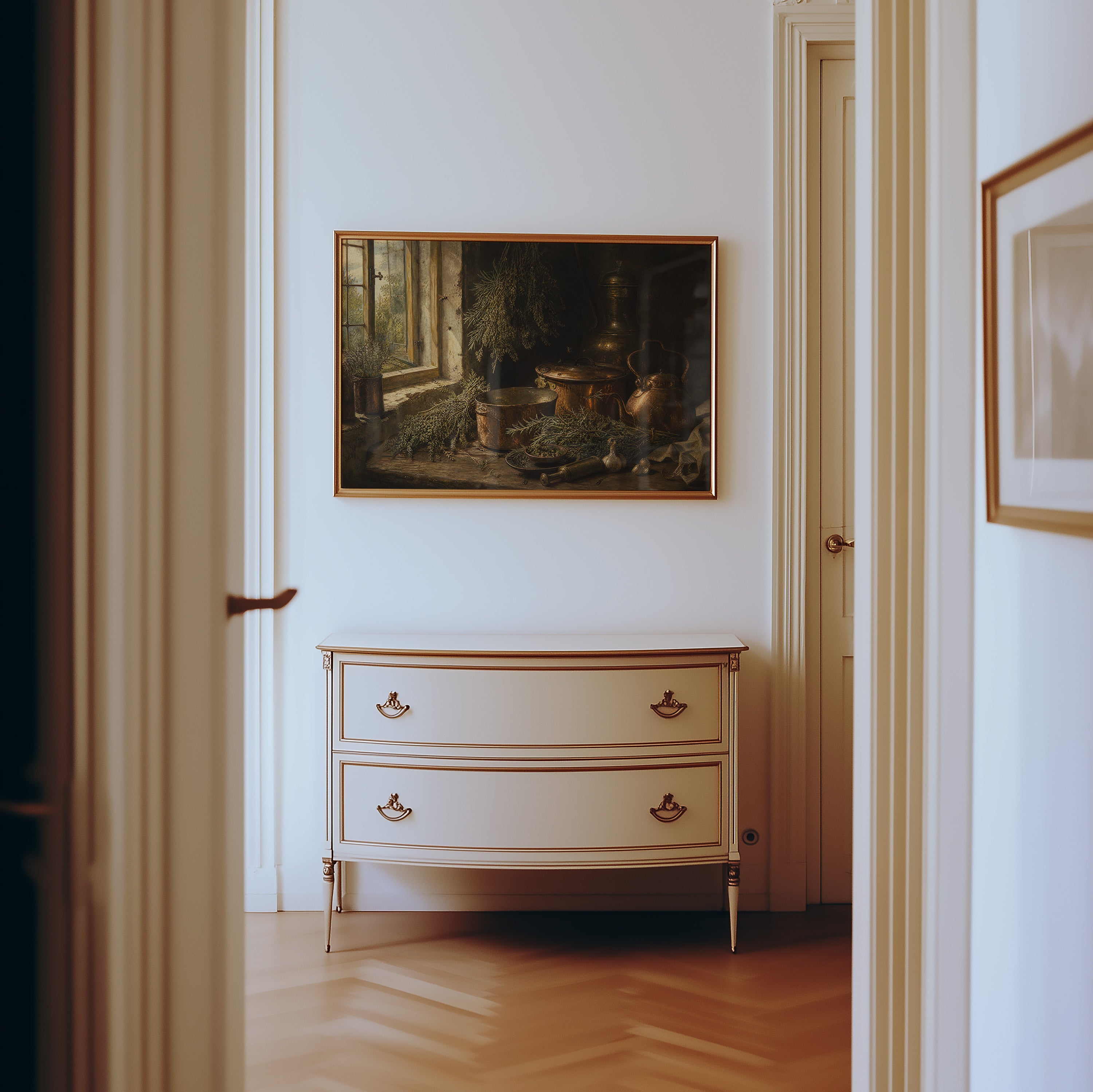Moody kitchen still life print with copper pots and golden window light — view 4