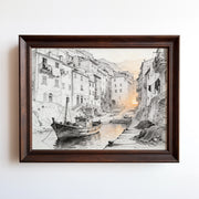 Etching-style print of a weathered fishing boat in a Mediterranean harbor at golden hour