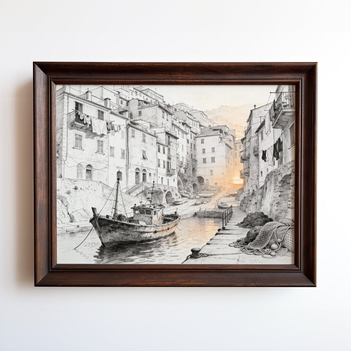 Etching-style print of a weathered fishing boat in a Mediterranean harbor at golden hour