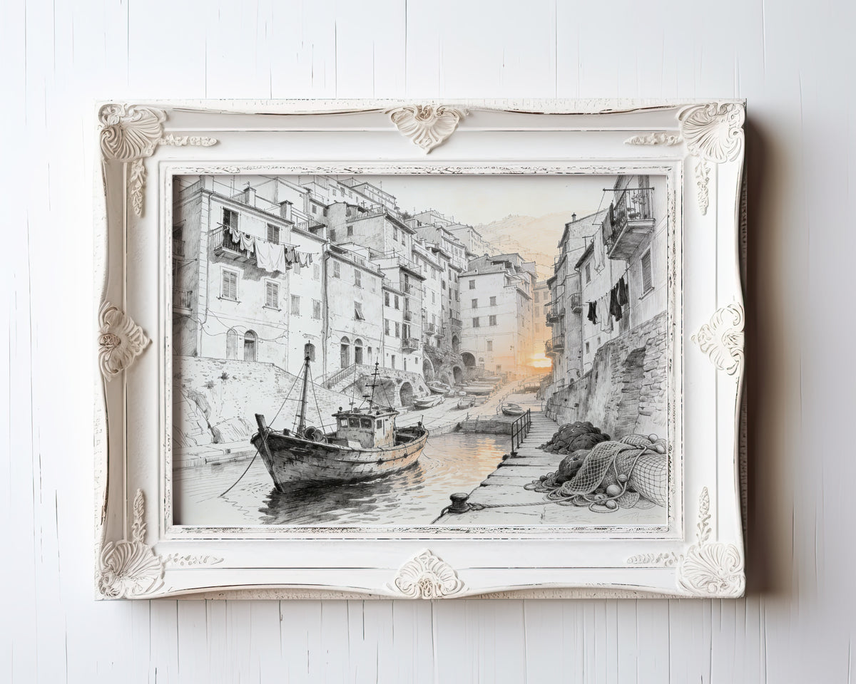 Etching-style print of a weathered fishing boat in a Mediterranean harbor at golden hour — view 3
