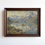 Oil painting of a lone rowboat on a still alpine lake reflecting snow-capped peaks at golden hour