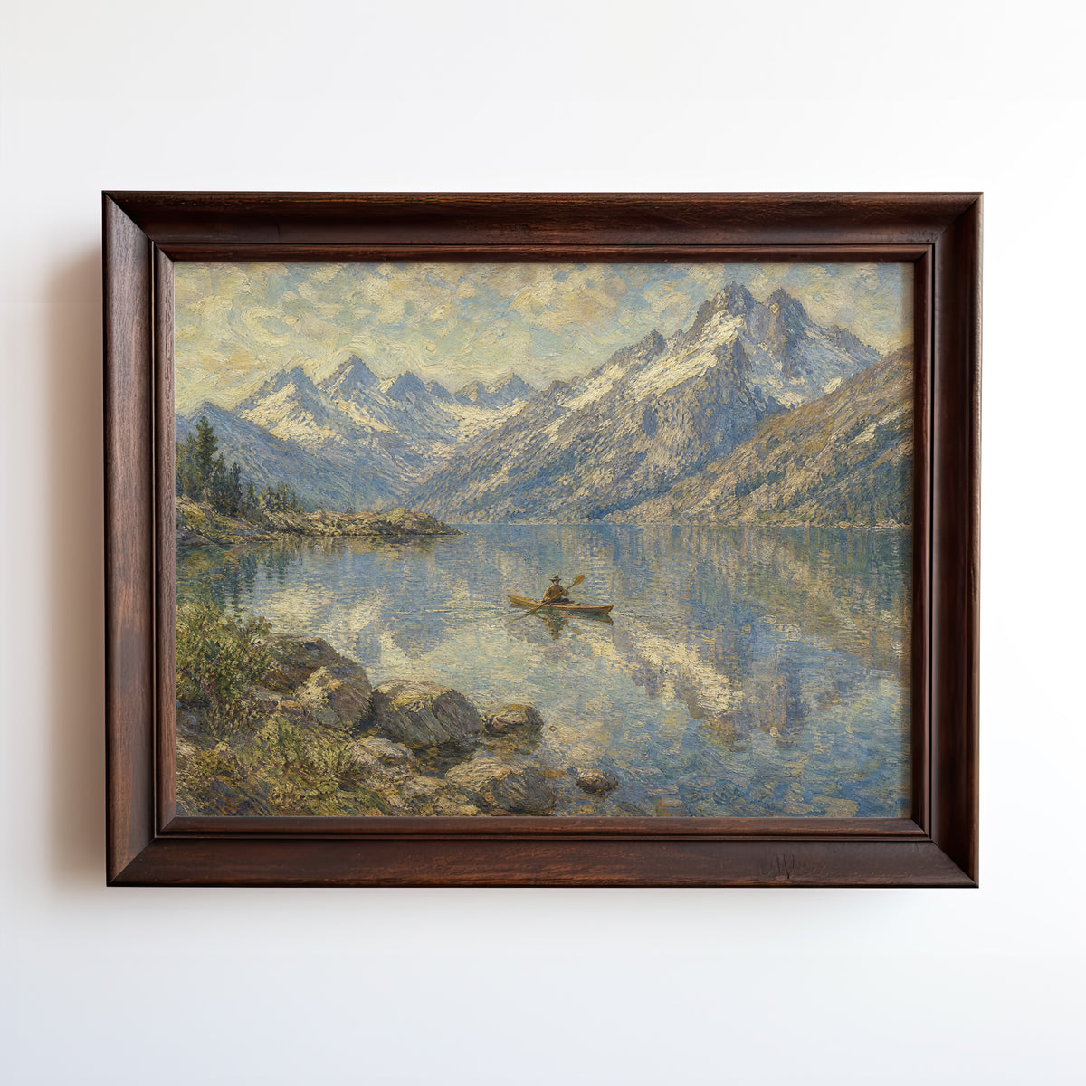 Oil painting of a lone rowboat on a still alpine lake reflecting snow-capped peaks at golden hour