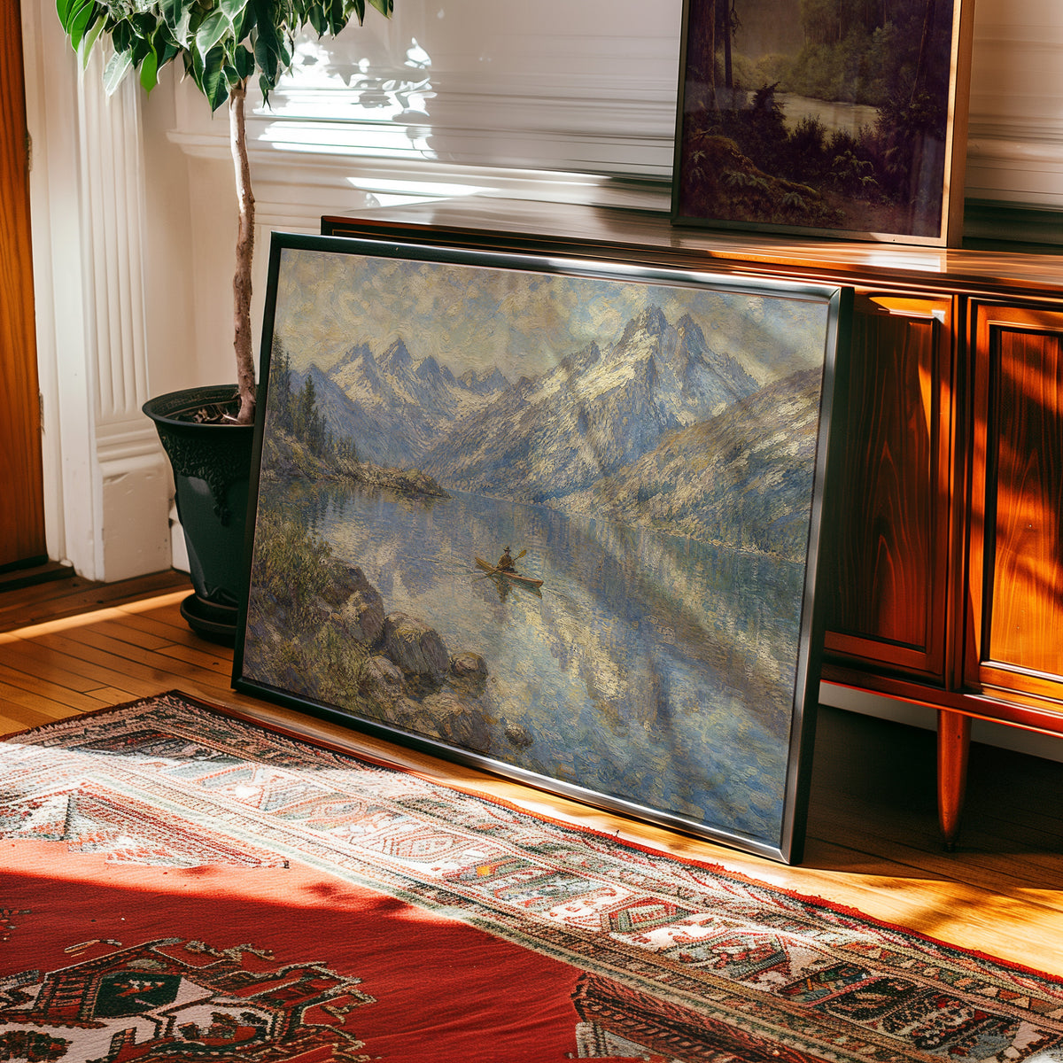 Oil painting of a lone rowboat on a still alpine lake reflecting snow-capped peaks at golden hour — view 2