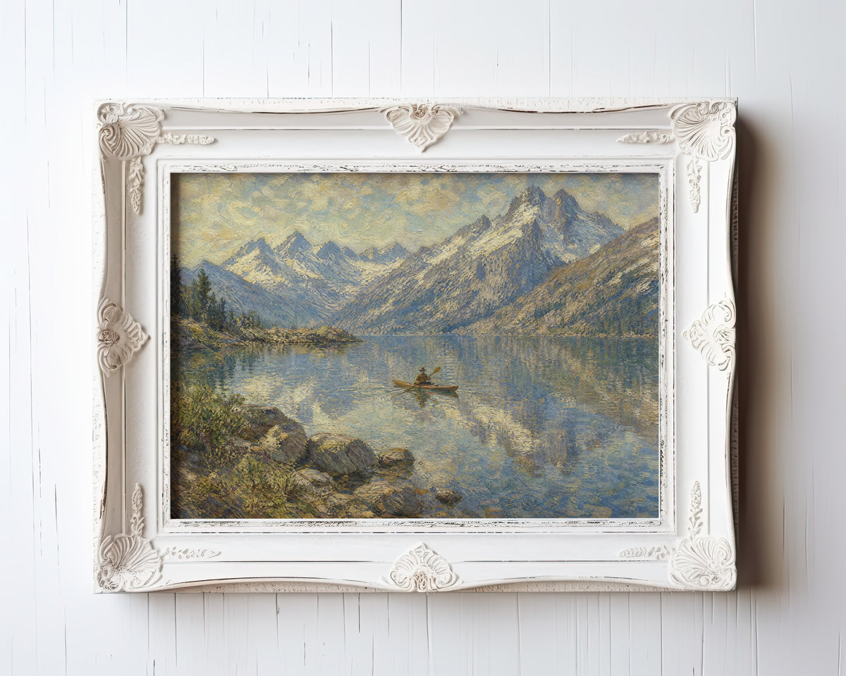 Oil painting of a lone rowboat on a still alpine lake reflecting snow-capped peaks at golden hour — view 3