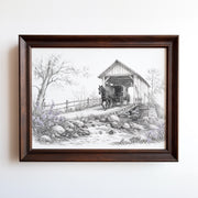 Etching print of horse-drawn carriage at covered bridge with stream and wildflowers