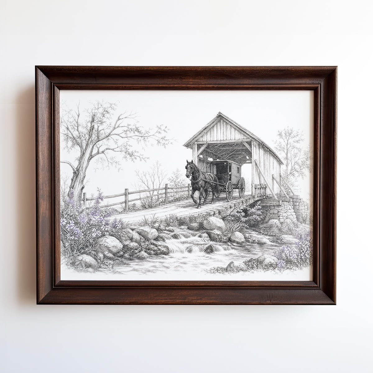 Etching print of horse-drawn carriage at covered bridge with stream and wildflowers