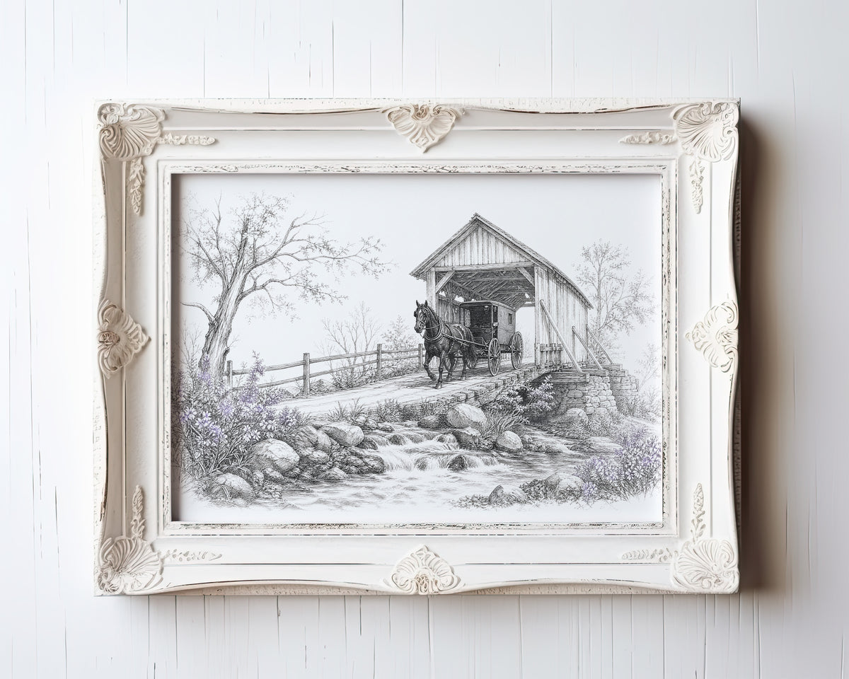 Etching print of horse-drawn carriage at covered bridge with stream and wildflowers — view 3